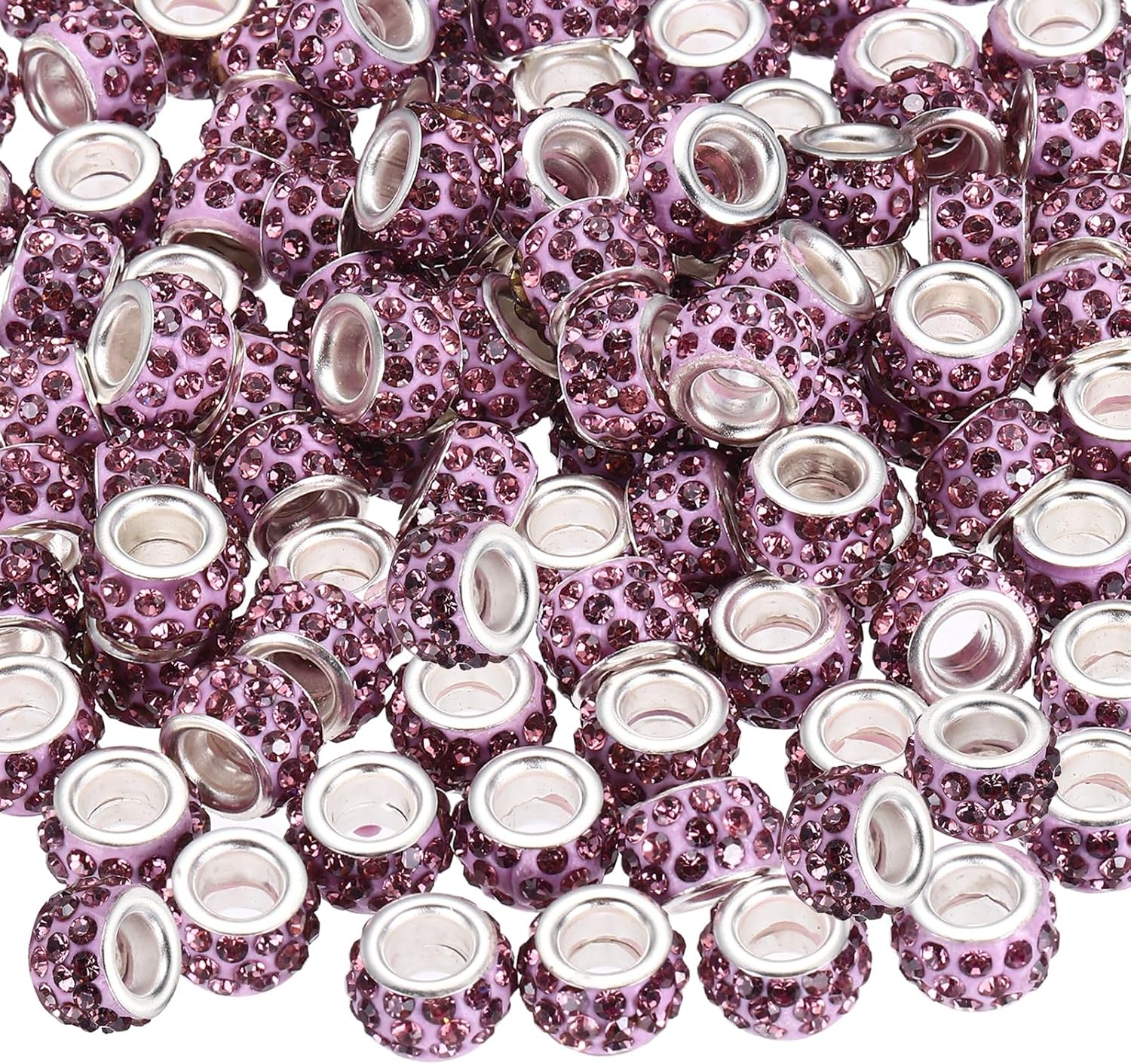 MECCANIXITY 100 Pcs Large Hole Bead, 12mm Rhinestone European Beads for Bracelet Jewelry Making, Pen Crafts (Light Purple)