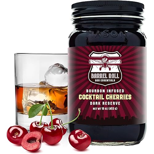 Barrel Roll Bar Essentials Cocktail Cherries - Premium Bourbon-Infused Dark Cherries for Cocktails, Alcoholic Drinks, Cheese Plates, Ice Cream Toppings - Slow-Cooked, USA-Made Garnish - Large 16oz Jar