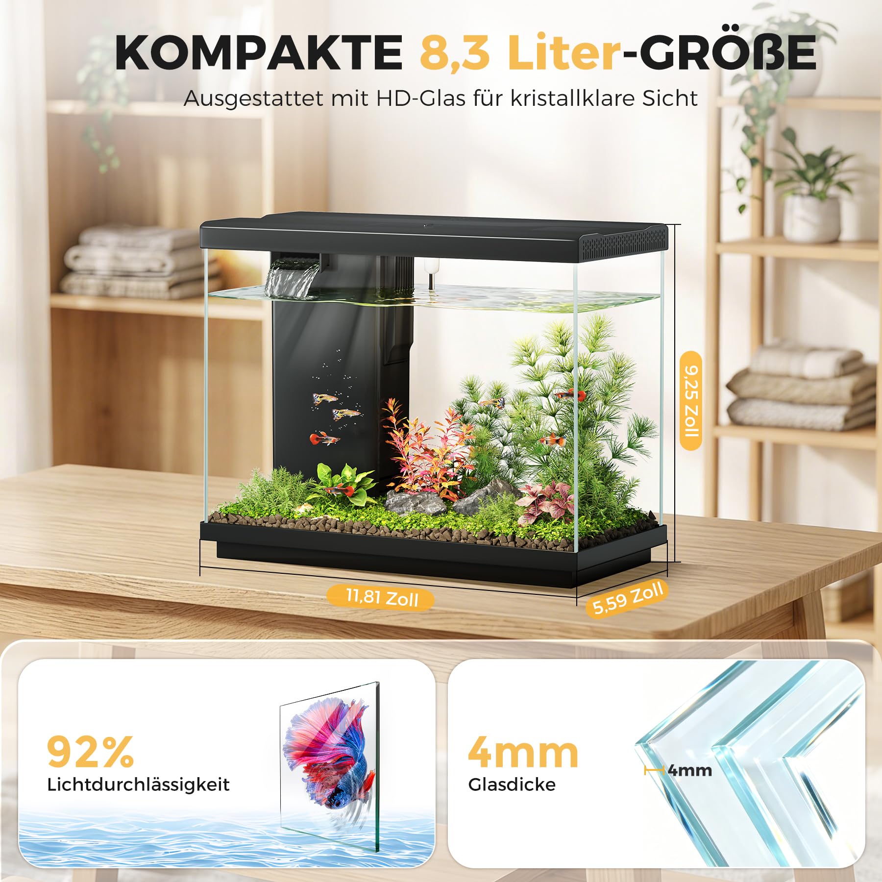 8.3L Kampffisch Aquarium mit 4-in-1 leiser Pumpe & Surface Skimmer, Nano Aquarium Komplettset mit Temperaturanzeige, 8-Farben-Beleuchtung, für Zuhause und Büro (Schwarz, 8.3L)