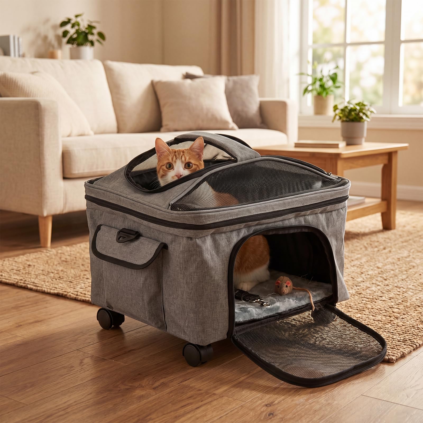 COSTWAY Transportín para Mascotas con Ruedas y Asa Telescópica | 33 x 43 x 35 cm Transportin para Perros y Gatos con Correa para Hombro, Alfombra Lavable, Ventanas Transpirables, Cremalleras