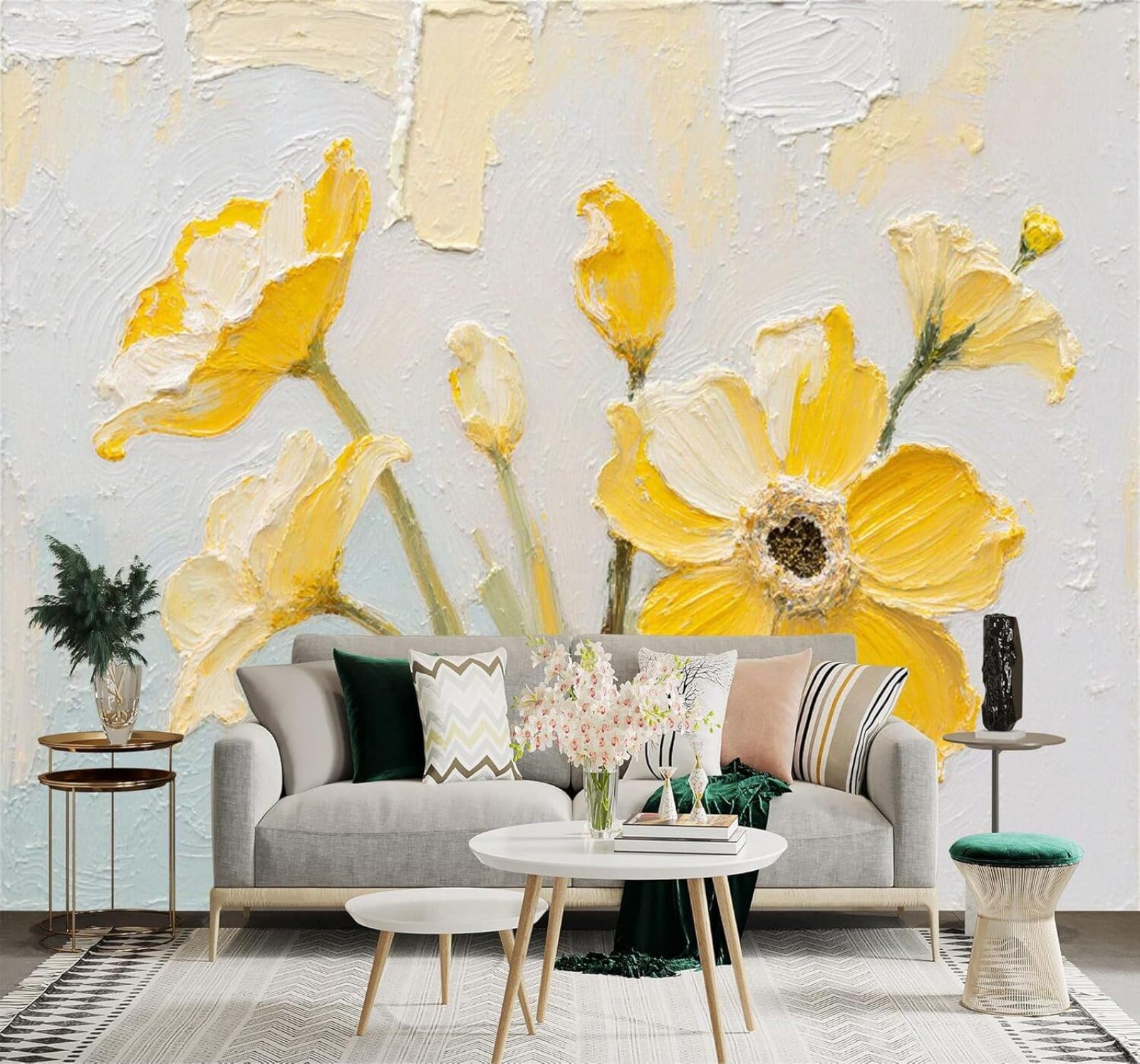 XLMING Hand Drawn Yellow Flowers Abstract Texture Art 3D Wallpaper Silky Texture Home Study Office Grey Dining Room Sofa Bedroom Living Room TV Backdrop-150cm×105cm