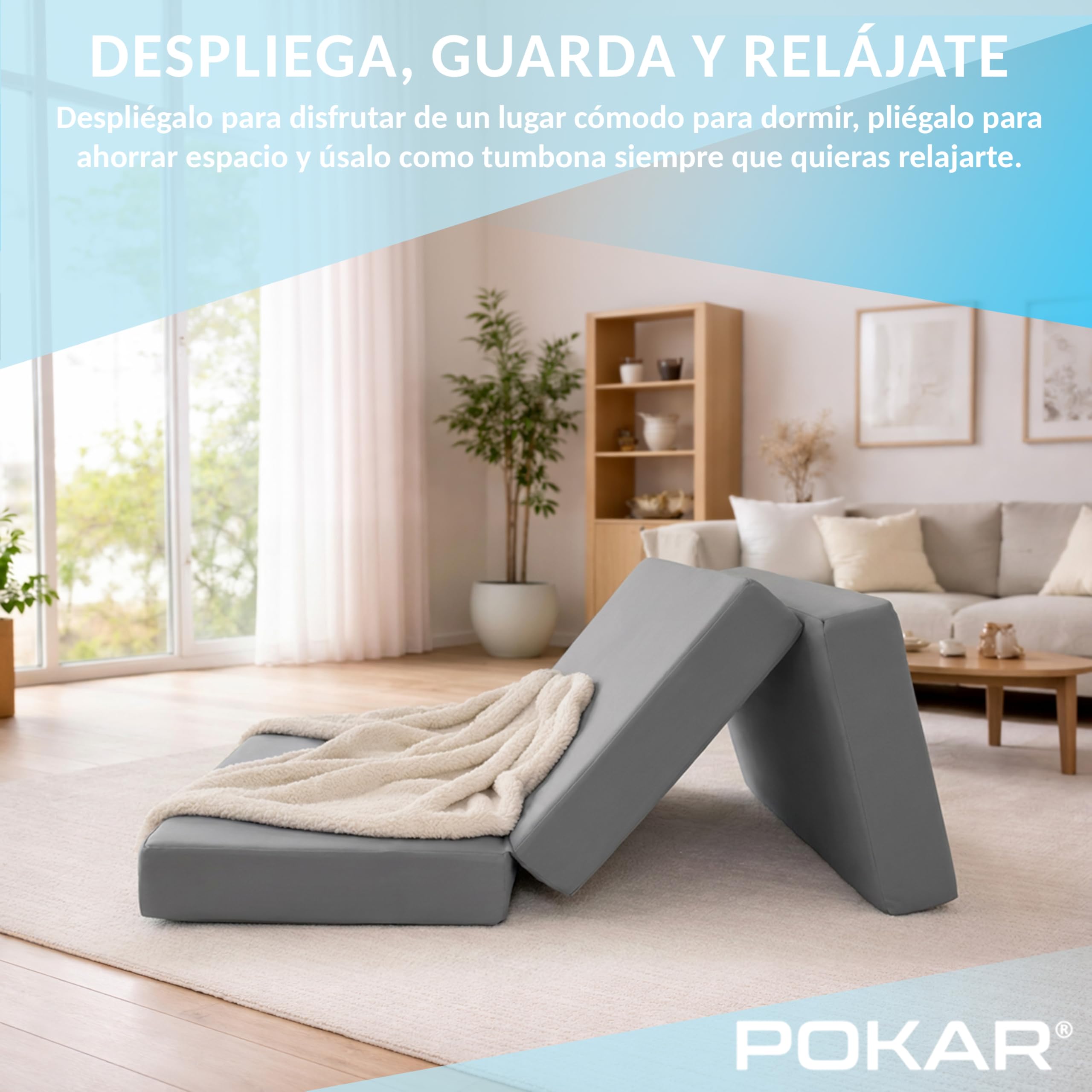 POKAR Colchón Plegable de 3 Piezas 80x195x15 cm Repelente al Agua | Colchón de Espuma Extra Grueso | Cama de Invitados y Camping | Colchoneta de Viaje | Certificado Oeko-Tex Gris
