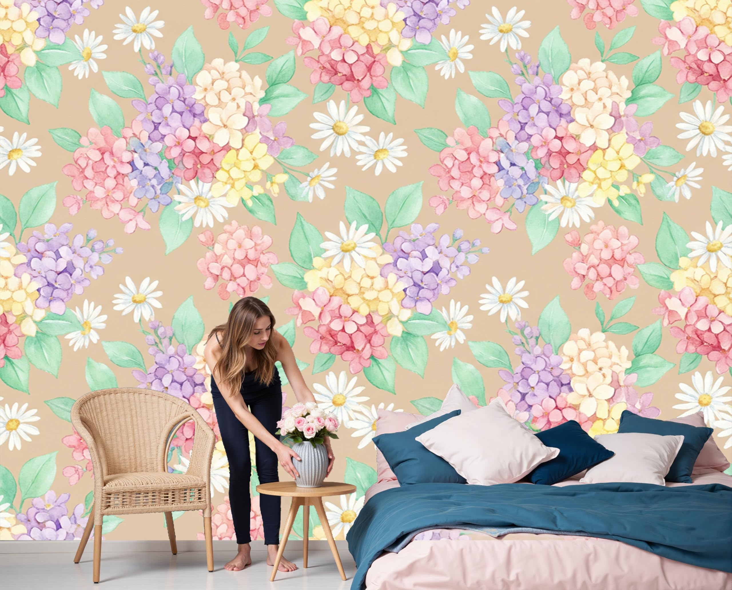 Papier peint panoramique 3D pour transformer un mur blanc terne en décor hortensia dégradé