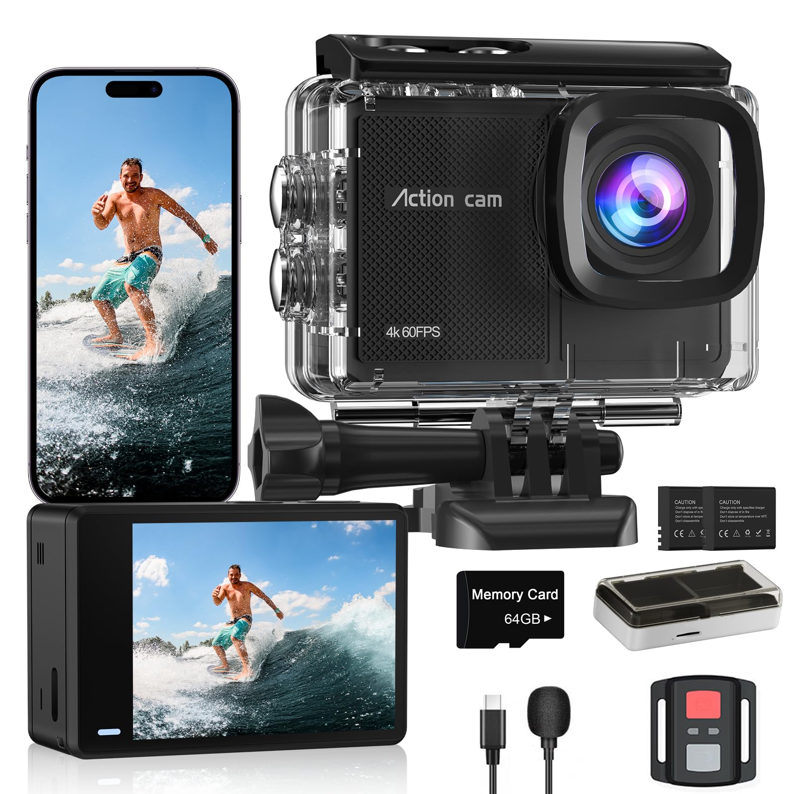 4K 60FPS Action Camera with 64GB Card-48MP Waterproof Camera,40M Underwater Camera,8X Zoom,EIS Stabilization,WiFi,Remote Control,MotorcycleCamera with 2 Rechargeable Batteries