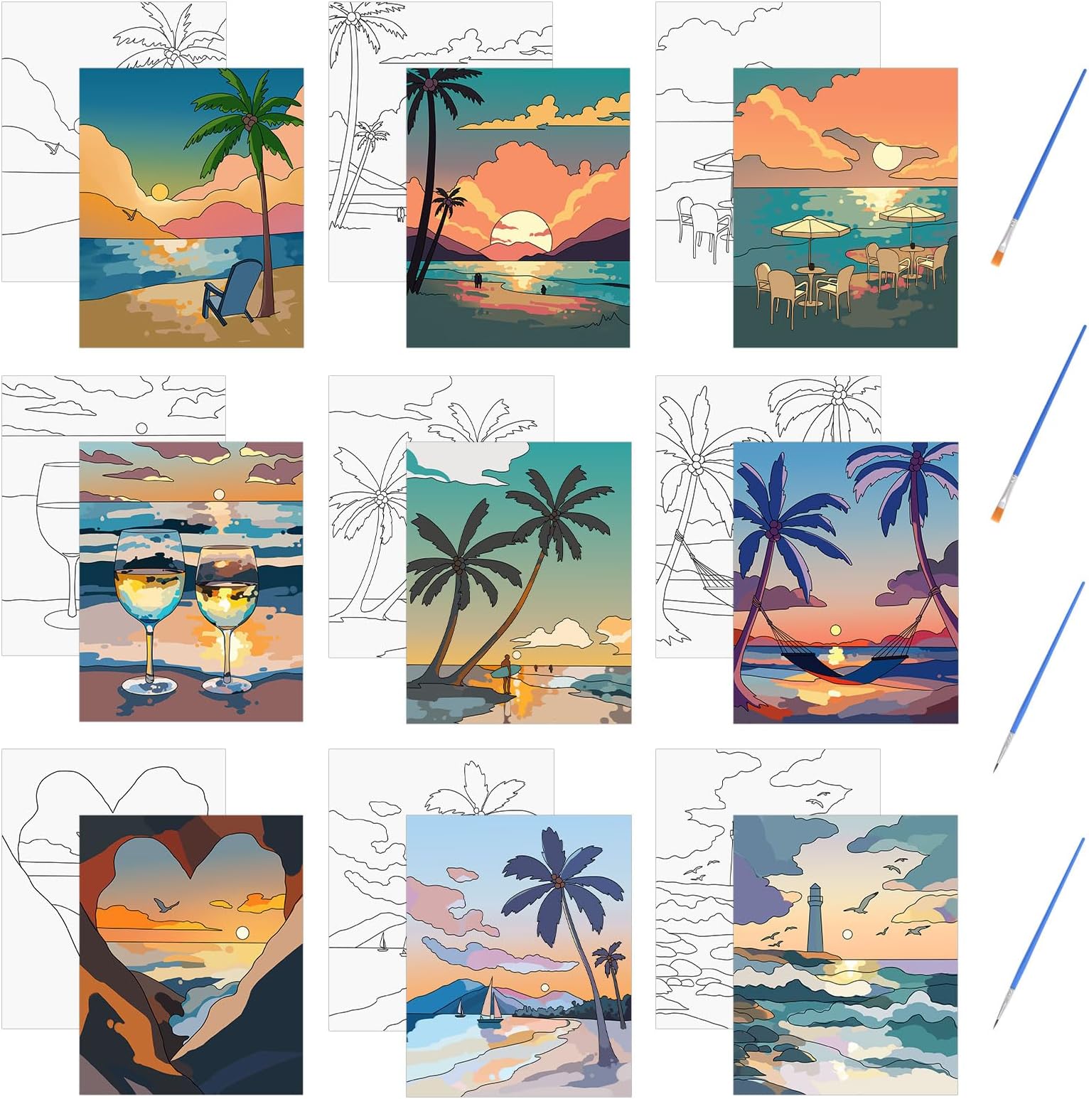– Pre Printed Canvases, 9 PCS Seaside Sunset Theme Pre Drawn Canvas to Paint Party Gifts for DIY Classroom Paint Party Suppies, 20x25cm