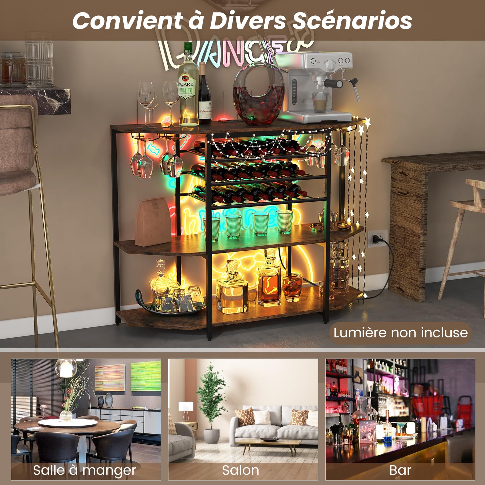GOPLUS - Portabotellas con estación de carga integrada, mueble de bar de 3 niveles con estantes abiertos espaciosos y armario para botellas de vino, adecuado para cocina, comedor (Brown Industri)