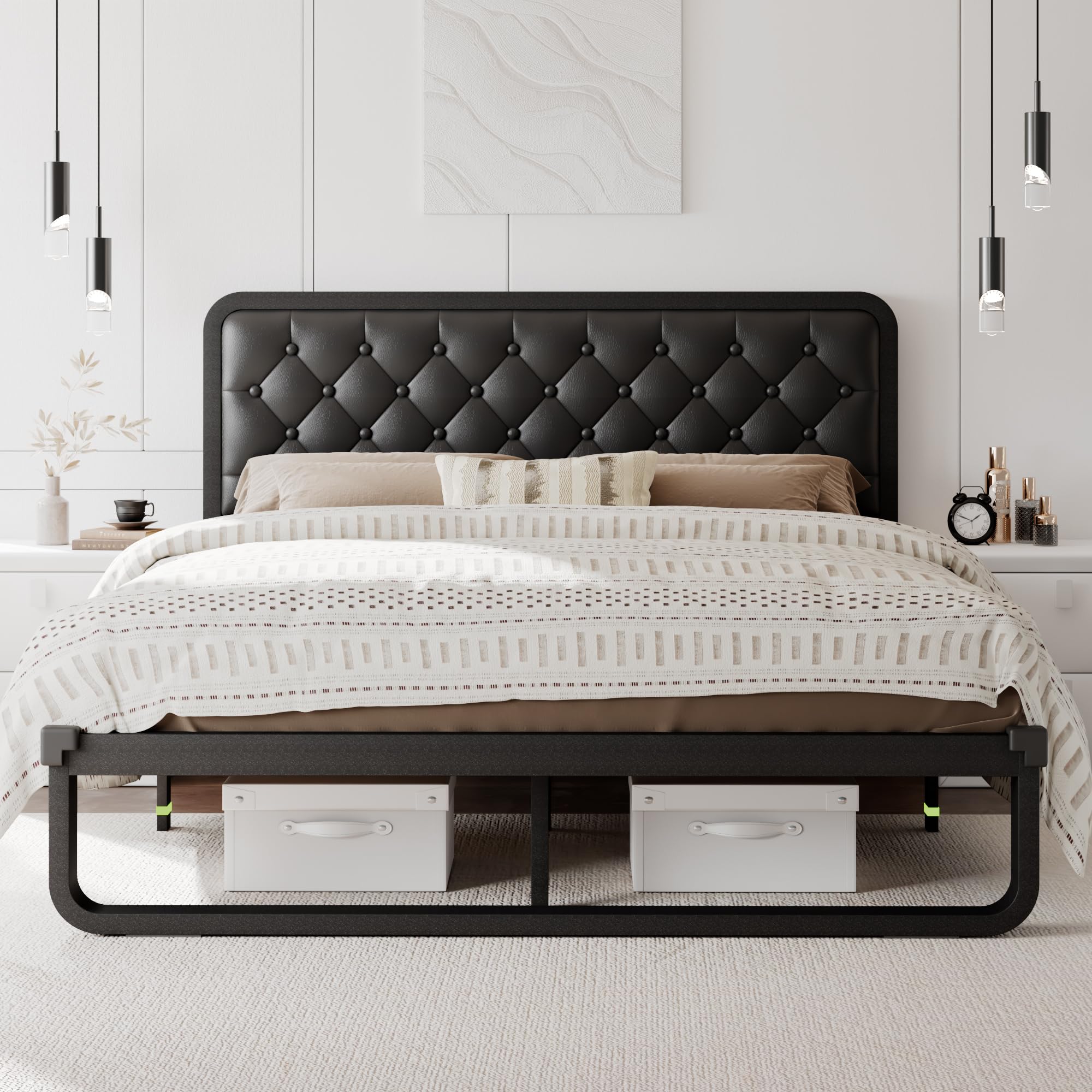 Full Size Bed Frame, Curved Metal Platform Bed Frame with Faux Leather Headboard, 12 Inch Under-Bed Space, No Box Spring Needed, Easy Assembly, Black