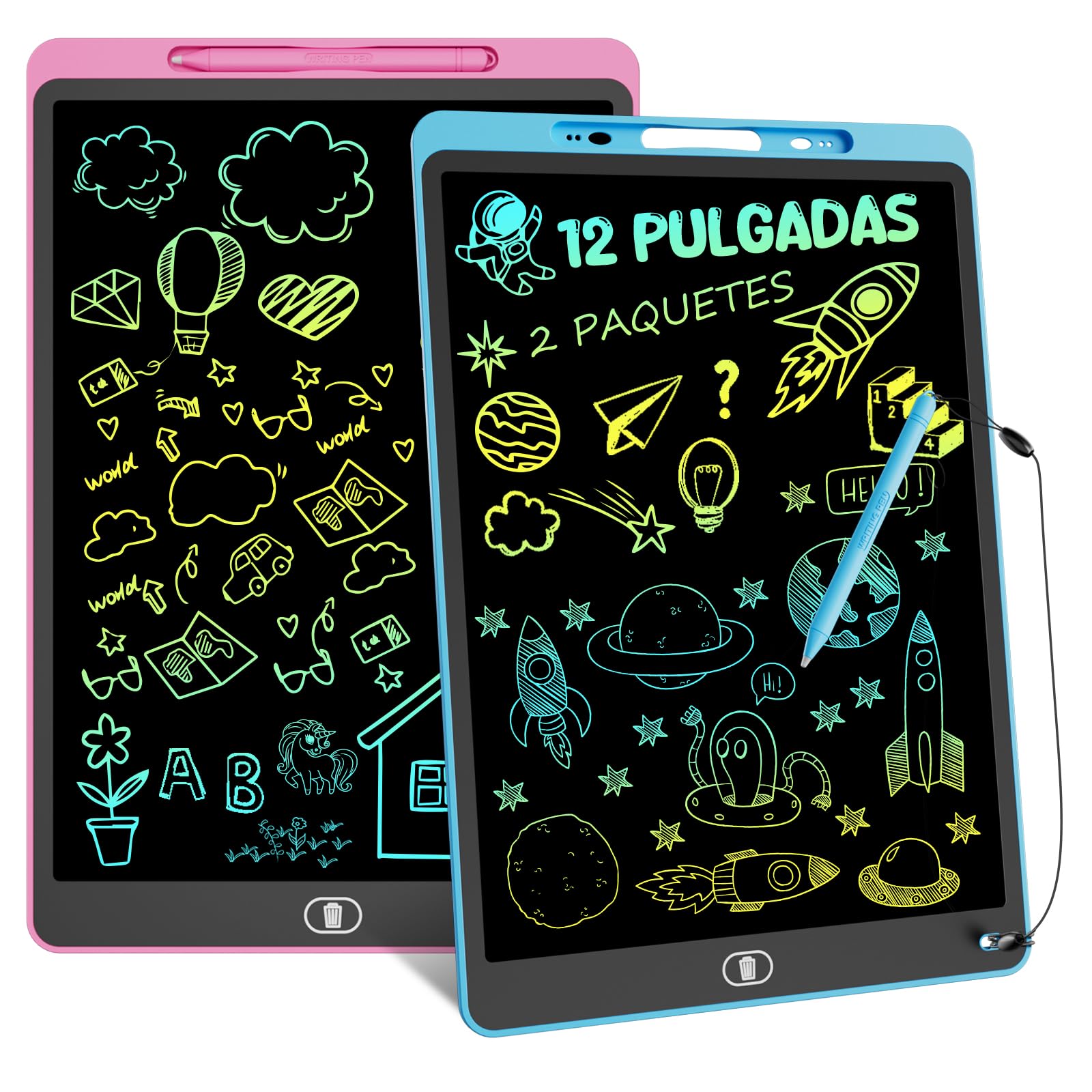 12 Pulgadas 2 Packs Tableta Escritura LCD Color, Electight Tablet Escritura Pantalla Colorido Infantil, Juguetes Educativo Niños con Borrable y Bloqueo Función, para el Hogar, Rosa+Azul