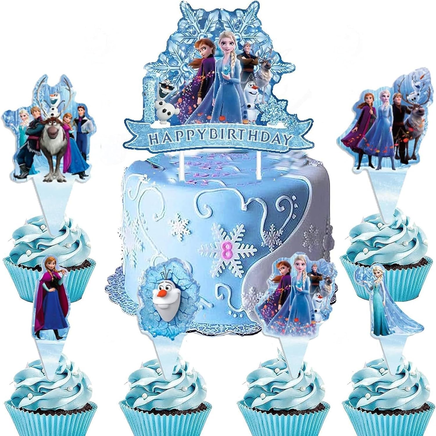 25 Pcs Anime Cake Toppers, Happy Birthday Party Decorations, Blue Cake Decorations, Cute Party Supplies for Girls