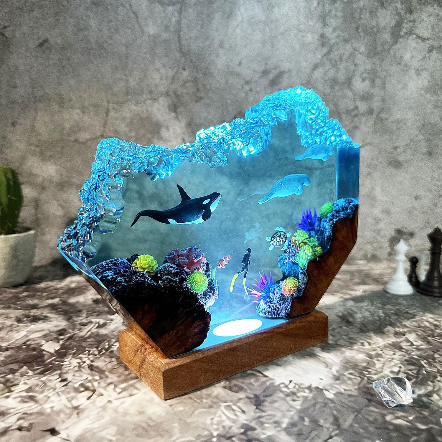 Lampy z żywicy, unikalna dekoracyjna lampka nocna oceaniczna z kolorową podstawą świetlną do domowego biura i sypialni, dekoracja biurka do nurkowania głębinowego, artystyczna ozdoba