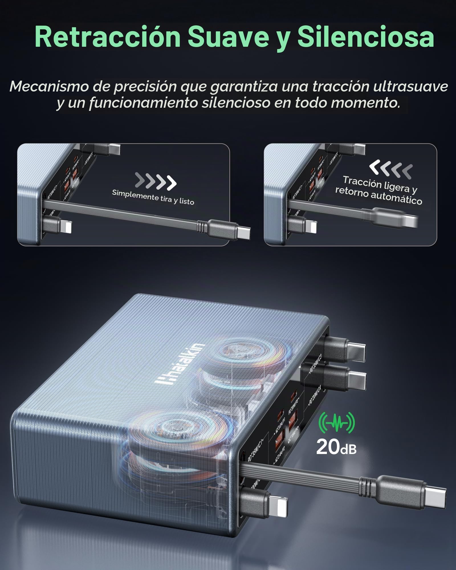 HATALKIN 105W Cargador USB C Carga Rapida con Cable Retráctil, Estación de Carga GAN con 8 Puertos, Cargador USB Multiple Compatible con MacBook, iPad, Galaxy S26/25 Series, iPhone 17/16/15 Series