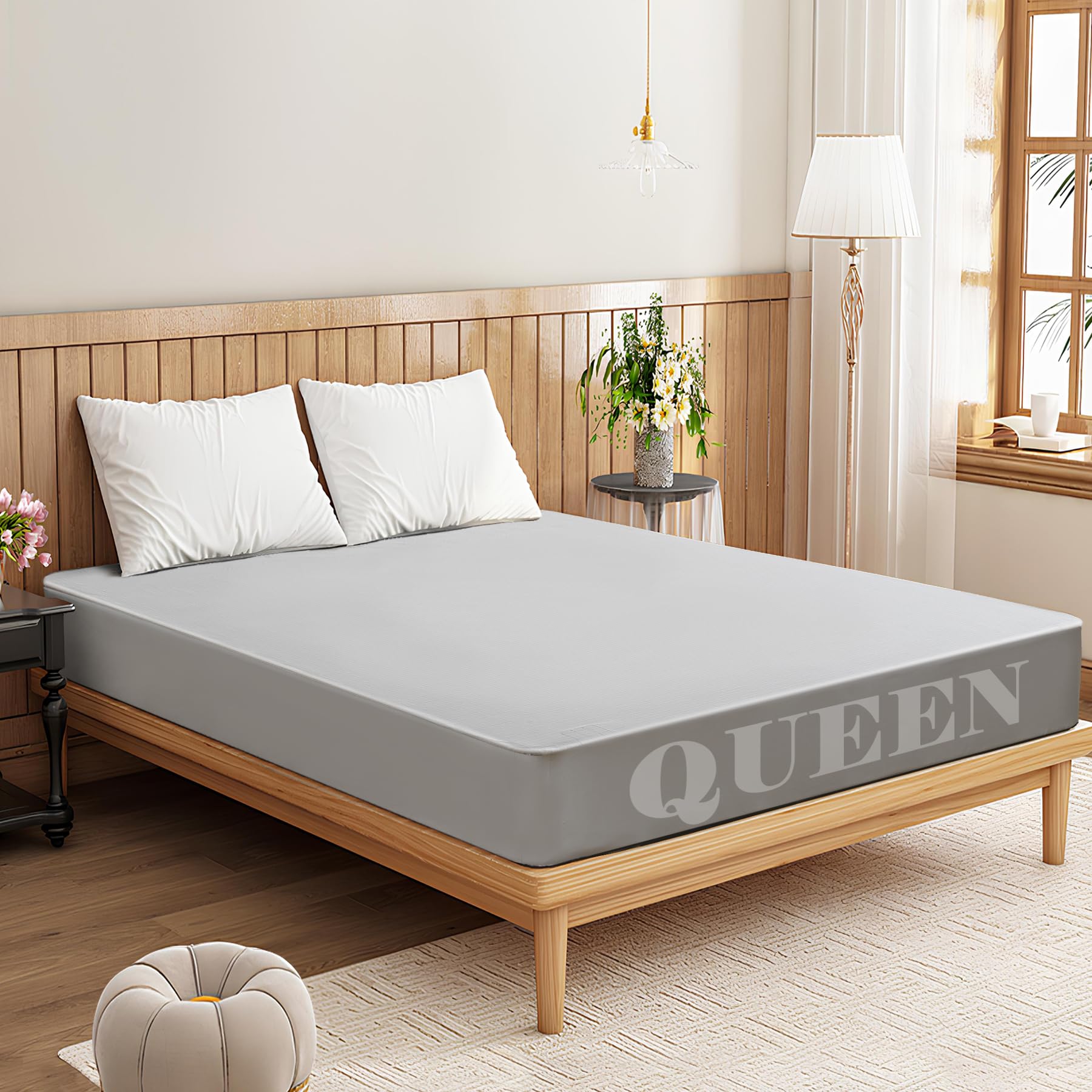 Calmbee Grounding Sheets Queen Size, 10% Pure Silver Fiber + 90% Organic Cotton, Grounding Sheet Earth Connected Bedding (Queen - 60"x 80"x 13" Gray) Fitted Earth Sheets with Grounding Cord