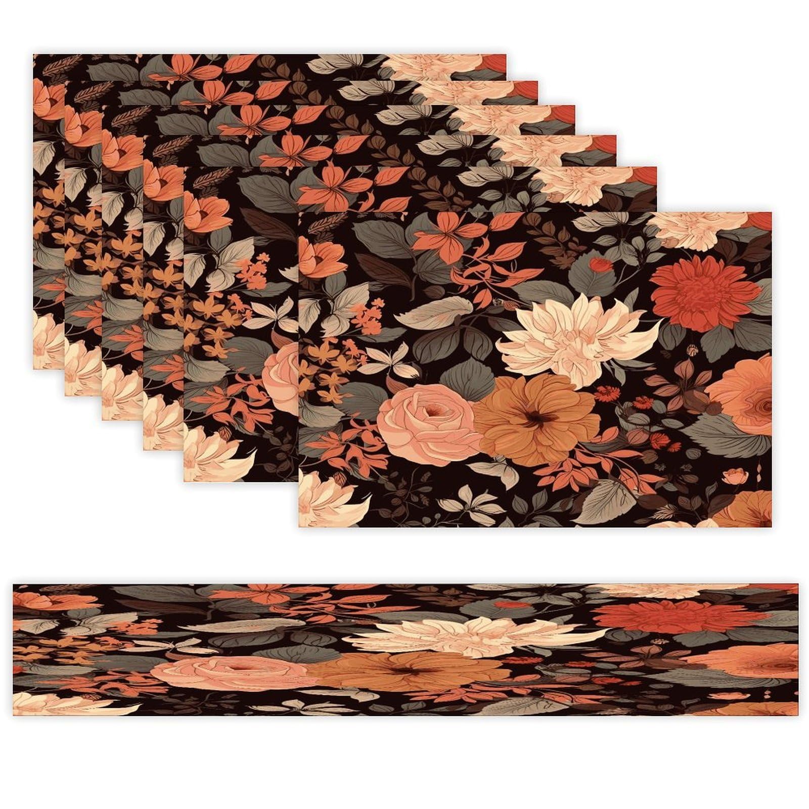 Autumn Beautiful Floral Table Runner and Placemats Set of 6 for Kitchen Washable Table Mats Heat Resistant Place Mats Non-Slip Place Mat Wipeable Placemat(6 Placemats+1 Table Runner)