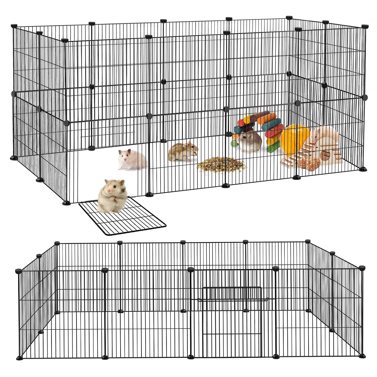 LILIIN 24PCS Freilaufgehege, Metall Freigehege für Kaninchen, Meerschweinchen Käfig, Kleintiergehege mit Tür, Gehege für Kleintiere, Hasen, Frettchen, Igel 142 x 72 x 72 cm, Schwarz