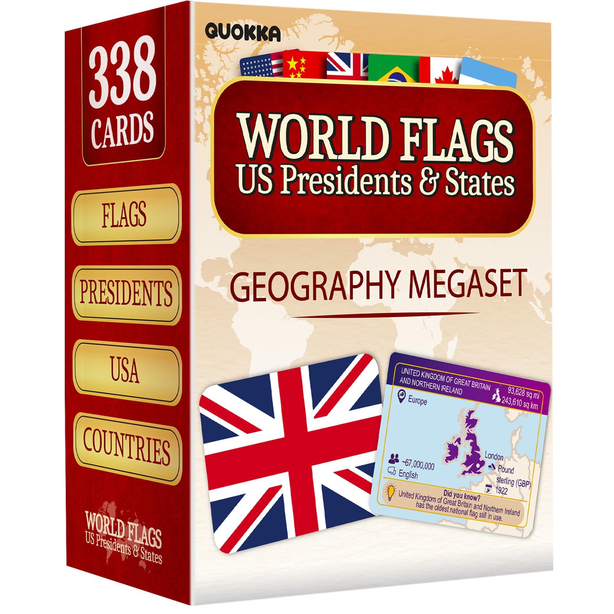 QUOKKA World Flags Flash Cards – 338 Geography Trivia Cards for Kids 10+, Teens, Adults & Families – Countries, Capitals, Maps, Landmarks, Continents & Oceans