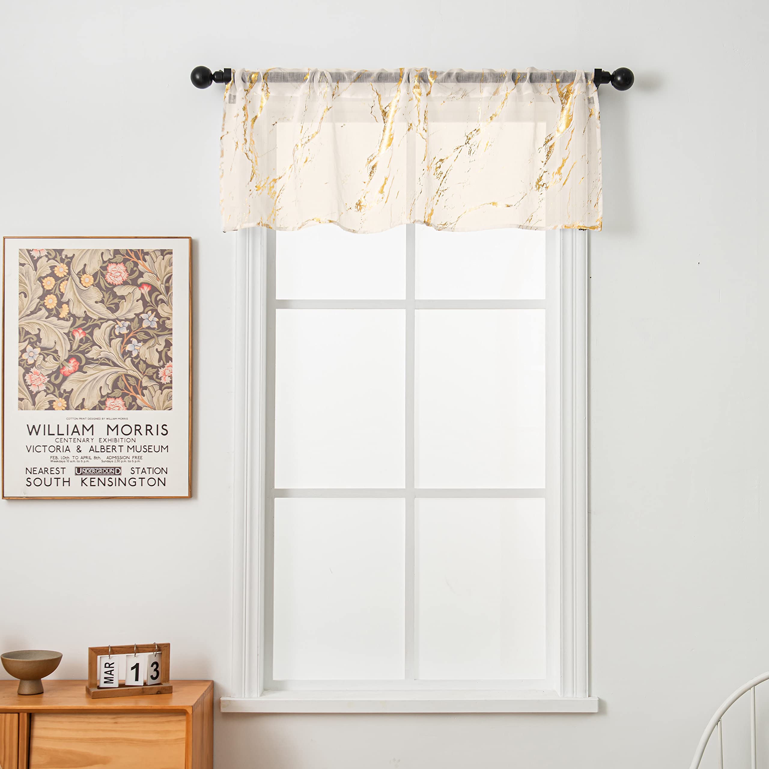 Sutuo Home Marble Ivory Sheer Valance Curtains 18 Inch Length 1 Panel, Gold Foil Print Metallic Bronzing, Privacy Window Treatment Decor Abstract