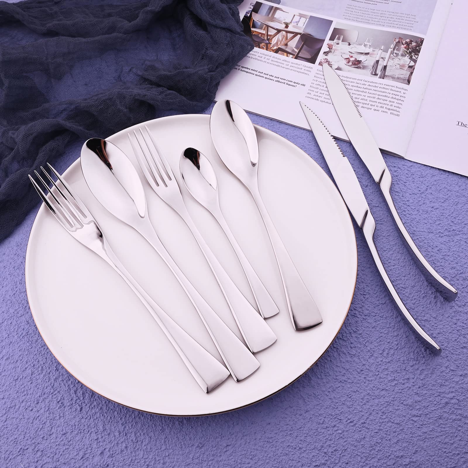 Uniturcky Mirror Polished Stainless Steel Flatware Silverware Set, 7 Piece One Set Include Silver Steak Knives Dinner Fork Spoon, Silver Tableware Cutlery Set for Home Restaurant Party