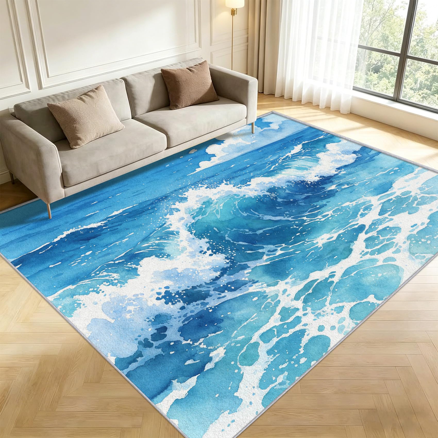 Tapis Carré Océan Bleu 200x200cm Salon Chambre Tapis Mer Antidérapant Lavable Doux Poils Courts Decoration 3D Vagues Paillasson Interieur pour Salle à Manger Cuisine a/2087