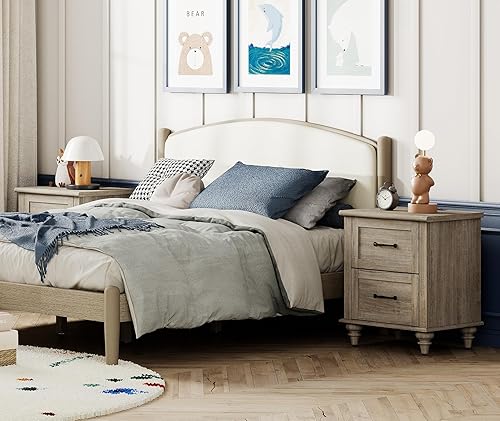 Miniatura 34 de WAMPAT Mesita de noche con estación de carga, mesa auxiliar de granja para sala de estar con 2 cajones, mesita de noche de madera natural para