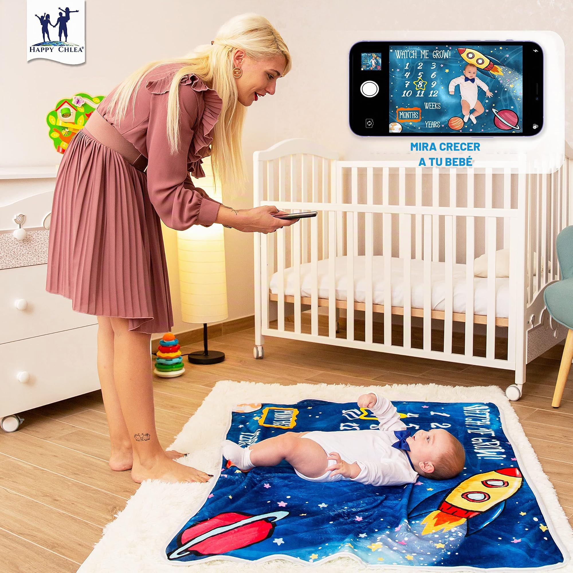 Happy Chlea® Manta Meses Bebé, Regalo de Nacimiento Original para Recién Nacido - Manta Fotográfica Infantil - Idea de Regalo Personalizados para Futuras Mamás - Certificado (Espacio)