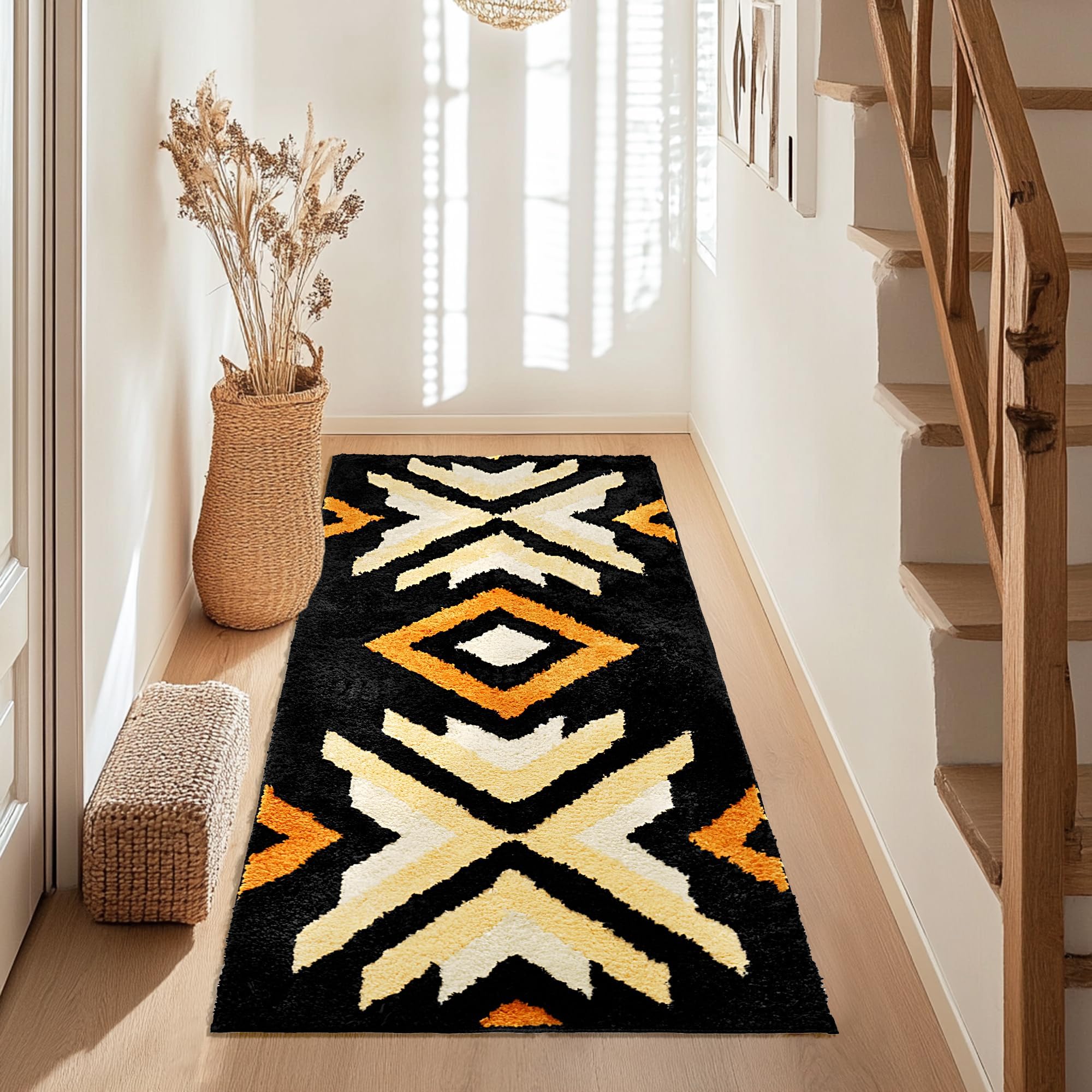 Tyrot Black Boho Long Bathroom Rugs Runner Non Slip Washable Western Aztec Bath Mats Rugs for Bathroom Hallway Plush Soft Absorbent Farmhouse Carpet