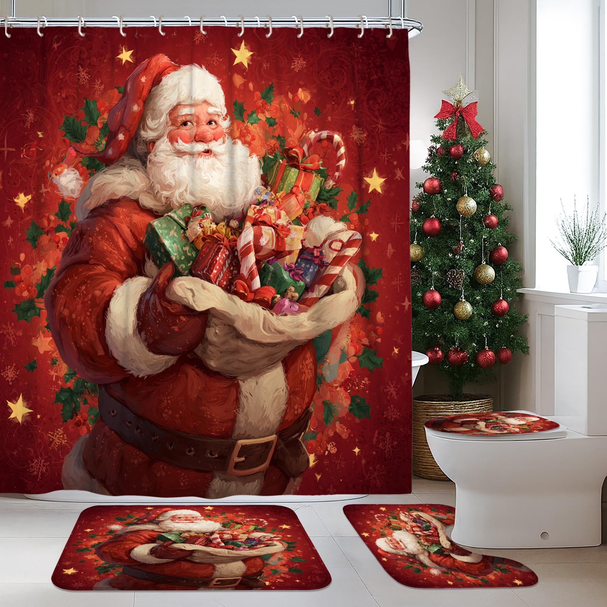 Set di 4 tende da doccia con Babbo Natale, tappeto da bagno rosso per le vacanze, accessori per decorazioni natalizie per il bagno, moderna tenda da doccia in tessuto impermeabile con ganci, 182 x 183