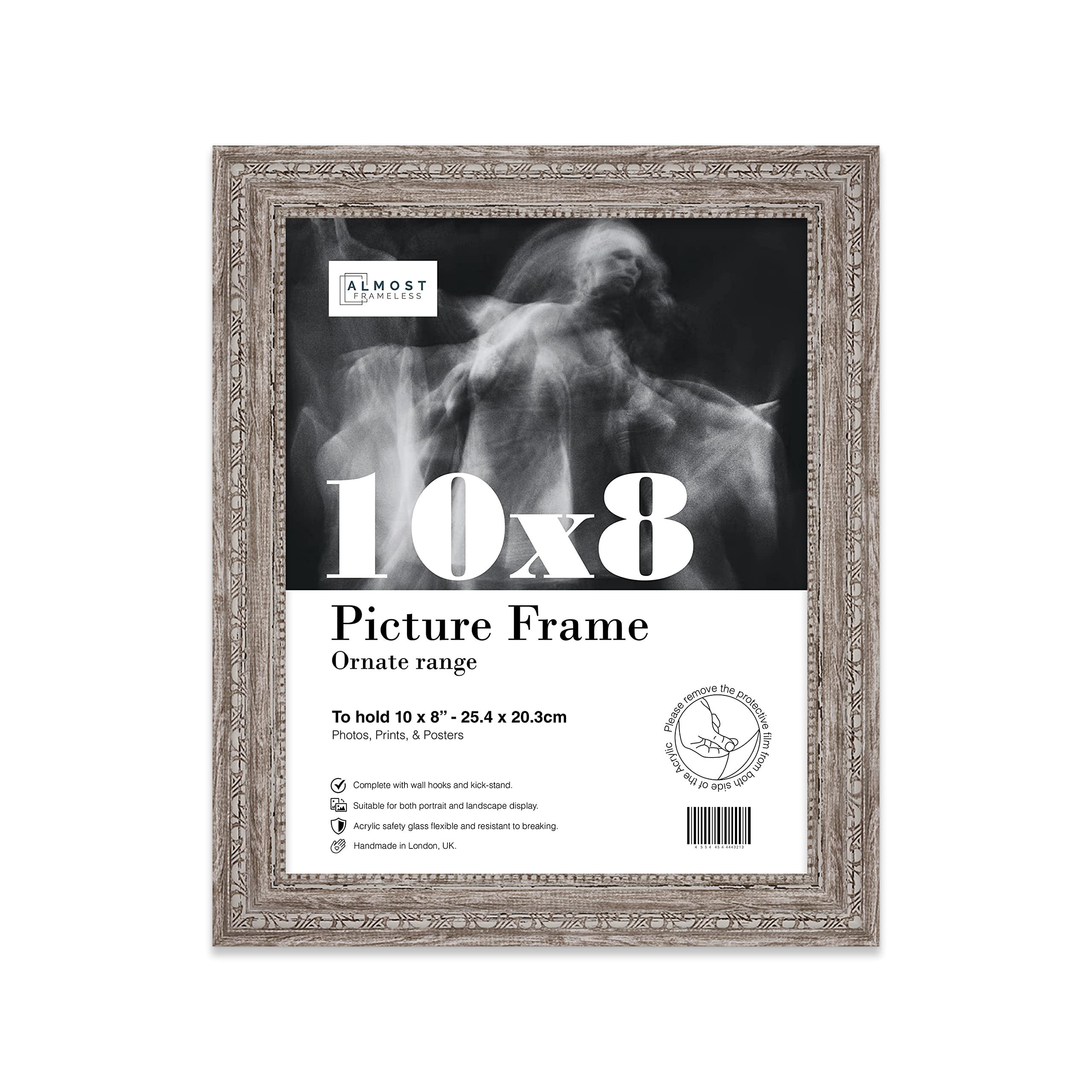 Almost Frameless 10x8 Walnut Ornate Picture Frame 10"x8"(25.4x20.3cm) Poster, Photo, Artwork, or Print. Opulent Style Portrait and Landscape Display with Wall Hooks