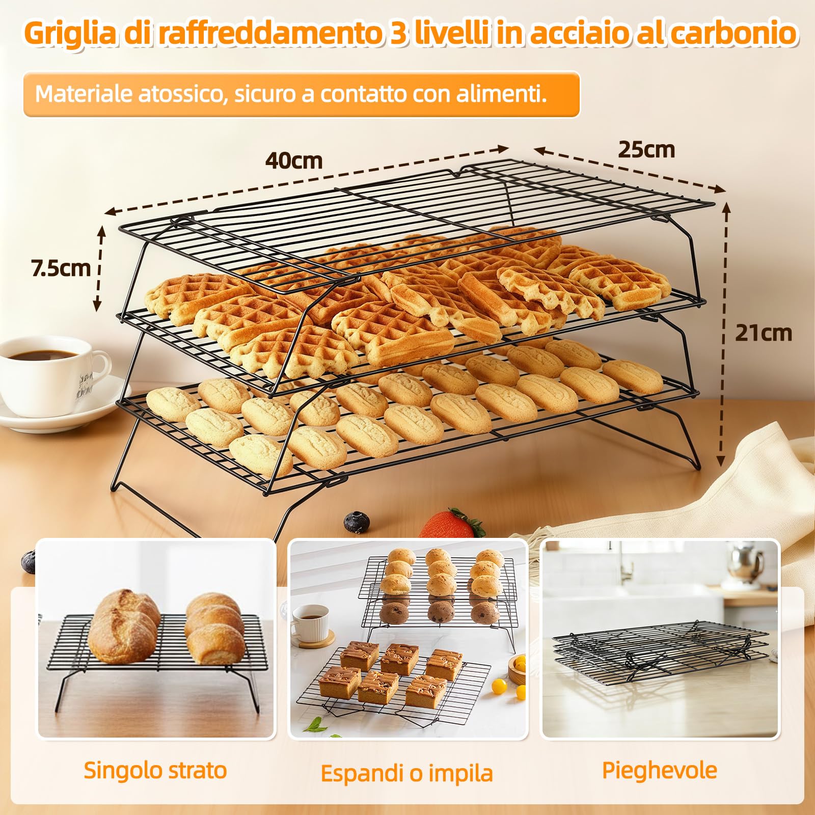 Griglia di Raffreddamento 3 Strati in Acciaio al Carbonio - Pieghevole e Impilabile, Antiaderente Salvaspazio, 40x25x7.5 cm, Nero - Adatto per Asciugare, Raffreddare la Torte, Biscotti e Pasticcini