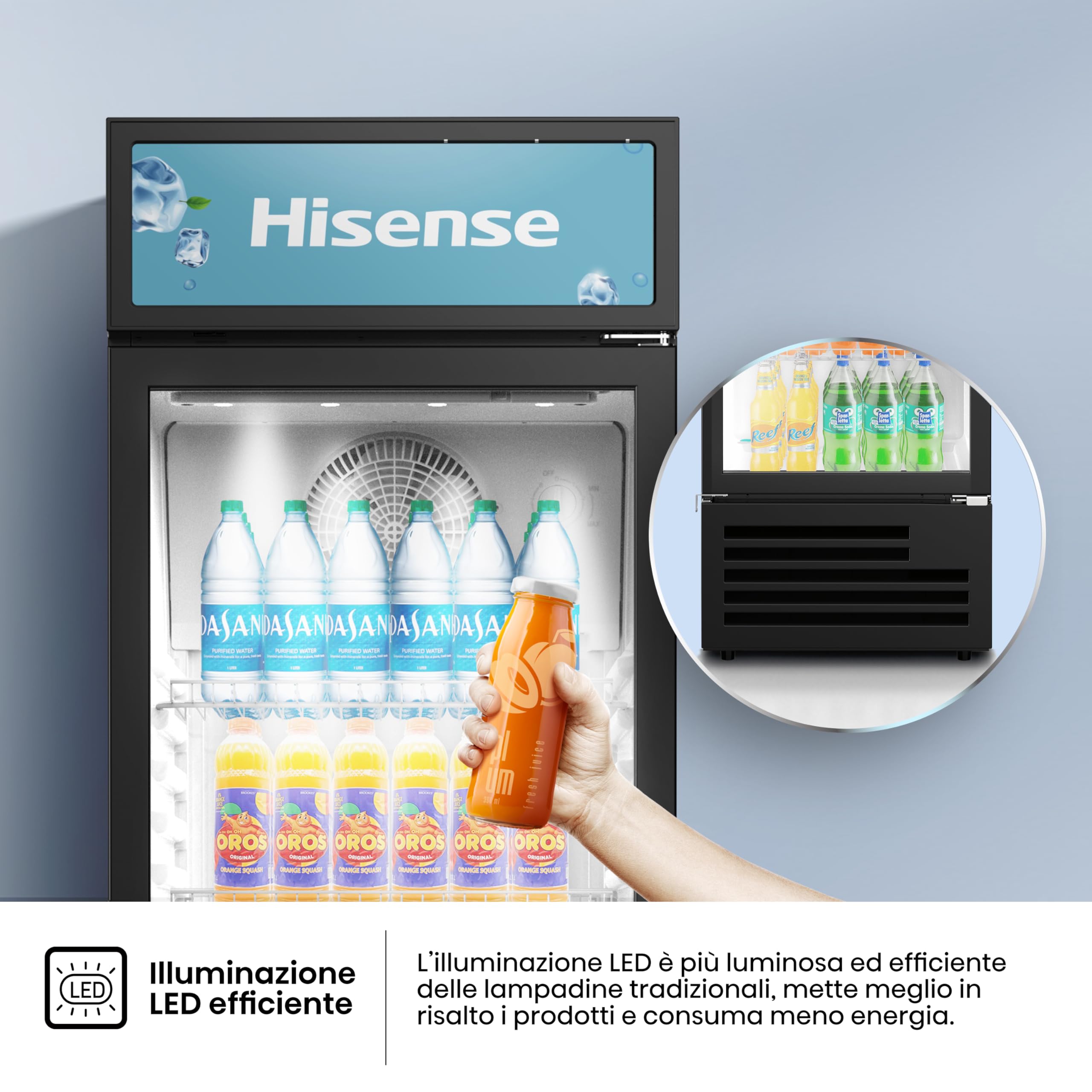 Hisense CPC271F7ABE Frigorifero commerciale bevande, 251 litri, Illuminazione interna LED, Display Personalizzabile, Ripiani Regolabili, Sistema di Autoevaporazione, Serratura, Classe E, Nero