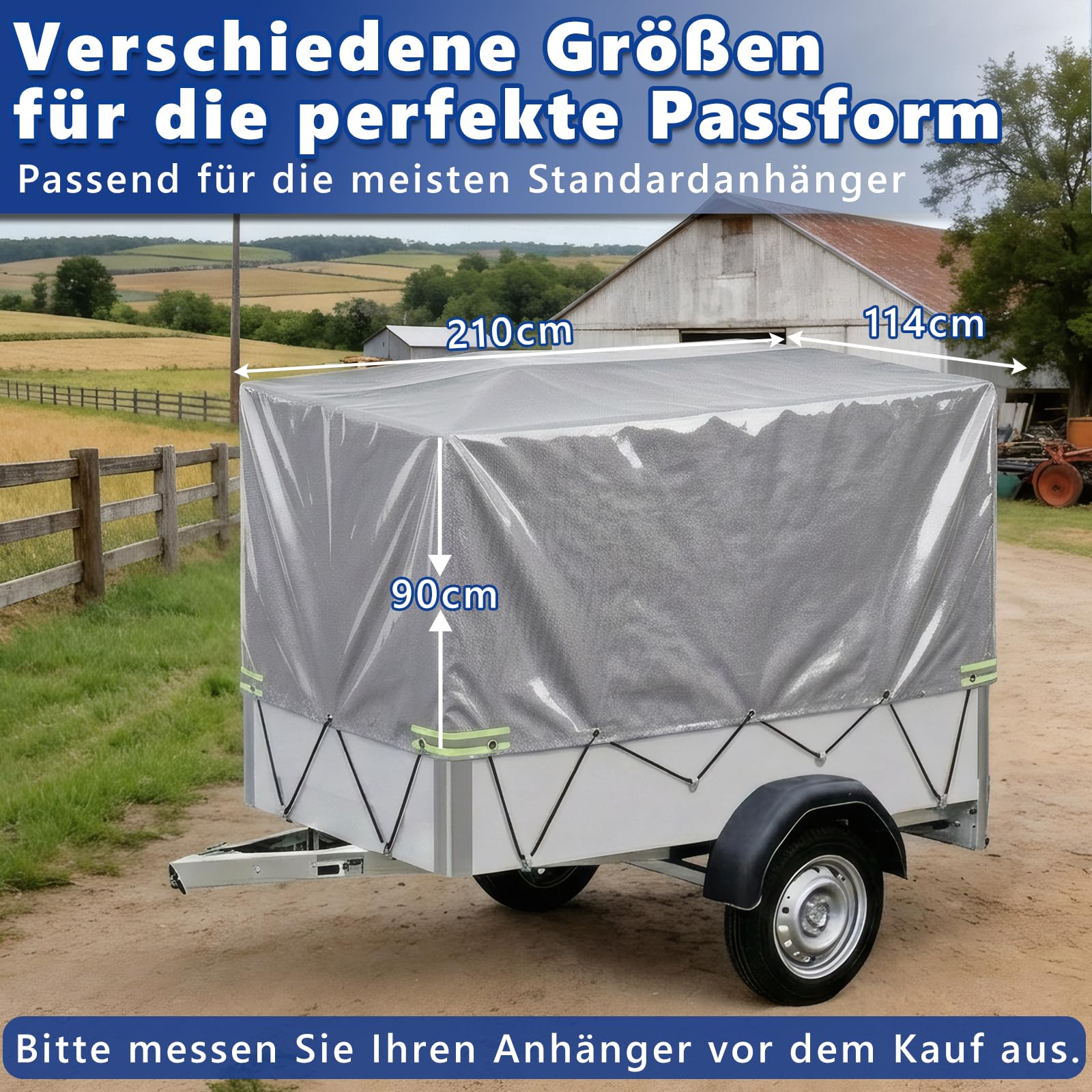 Anhängerplane 210x114x90 cm - Extra Stark 500g/m² PVC LKW-Plane - Wasserdicht & Reißfest - Grau - Mit 4X Reflektorstreifen, Alu-Ösen & 6mm Expanderseil - Profi Abdeckplane für PKW Anhänger