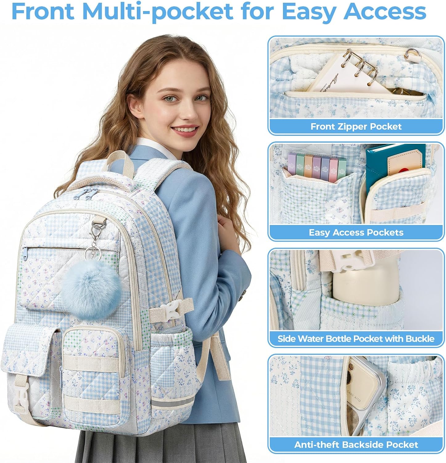 Quilted Backpack for Teen Girls,Cute Blue Patchwork School Backpack with Multi-Pocket Design,Lightweight Cotton Bookbag Fits 15.6" Laptop,Large Capacity Aesthetic Backpack with Plush Charm