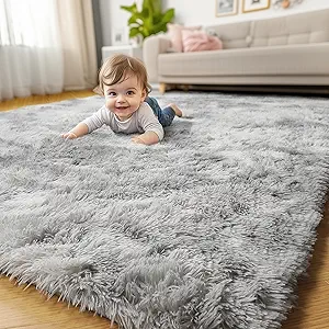 Amdrebio Tie-Dyed Light Grey Area Rug for Bedroom, Soft Shag Furry Rug 5x7 for Living Room, Fluffy Fuzzy Rugs for Kids Room Decor, Modern Shaggy Carpet for Classroom Office, Plush Indoor Rug