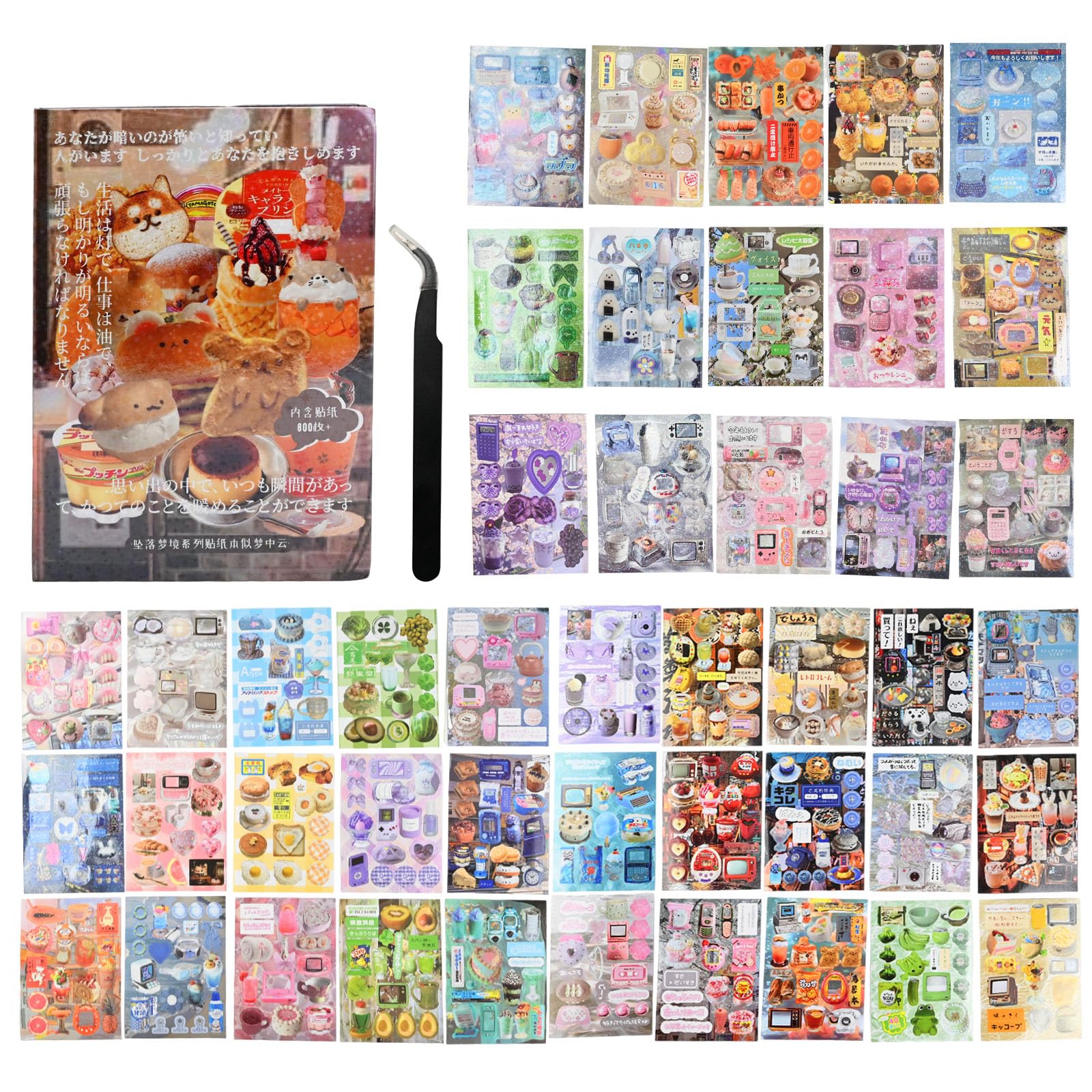 Japanese Manga Style Sticker Book,45 Sheets with 800+ Retro Aesthetic Stickers with Tweezers for Scrapbooking, Journaling, DIY Crafts, and Planner Decoration for Adults (Style C)
