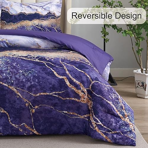 Miniatura 6 de Juego de edredón de mármol acuarela tamaño Queen, juego de ropa de cama morado con textura de piedra abstracta moderna y decoración de lámina