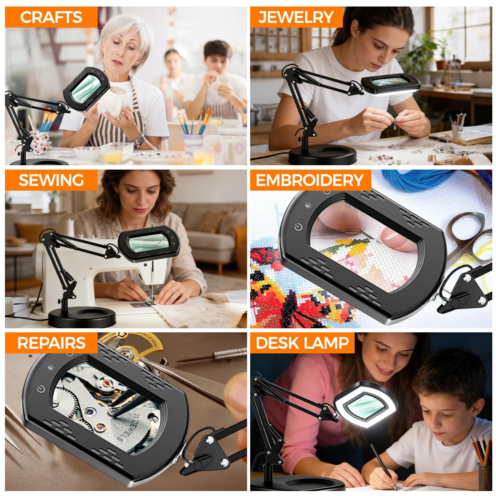 Lupa rectangular de 15 aumentos con 5 modos de color regulable continuamente, lámpara de escritorio con luz LED 2 en 1 y abrazadera con soporte, lupa manos libres para leer, reparar pintura