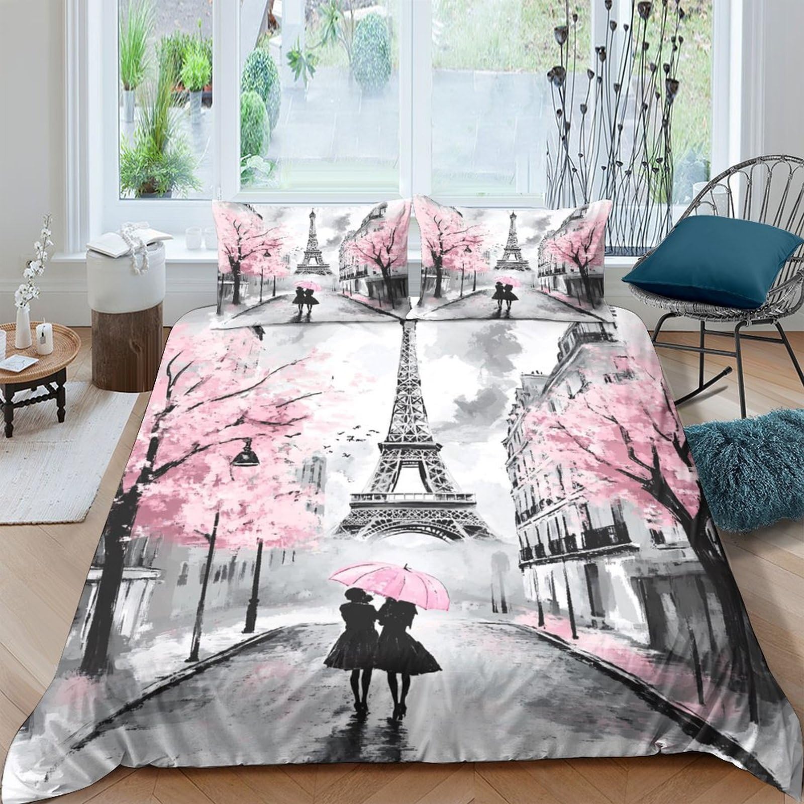 SAISAIGE 3D Print Easy Care Microfiber Paris street scene Comforter Cover All Season Bedding Set with Pillow Shams romantic watercolor Duvet Cover Breathable for Teens Adults Double（200x200cm）