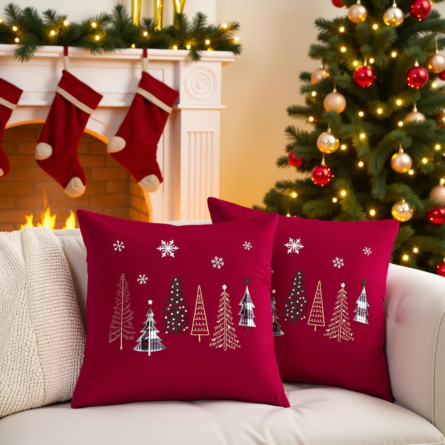 Christmas Red Embroidery Throw Pillow Covers 18x18 inch Set of 2 Xmas Tree with Snowflakes Dec Pillowcases Christmas Velvet Cushion Pillow Cases Soft Square Holiday Pillowcase