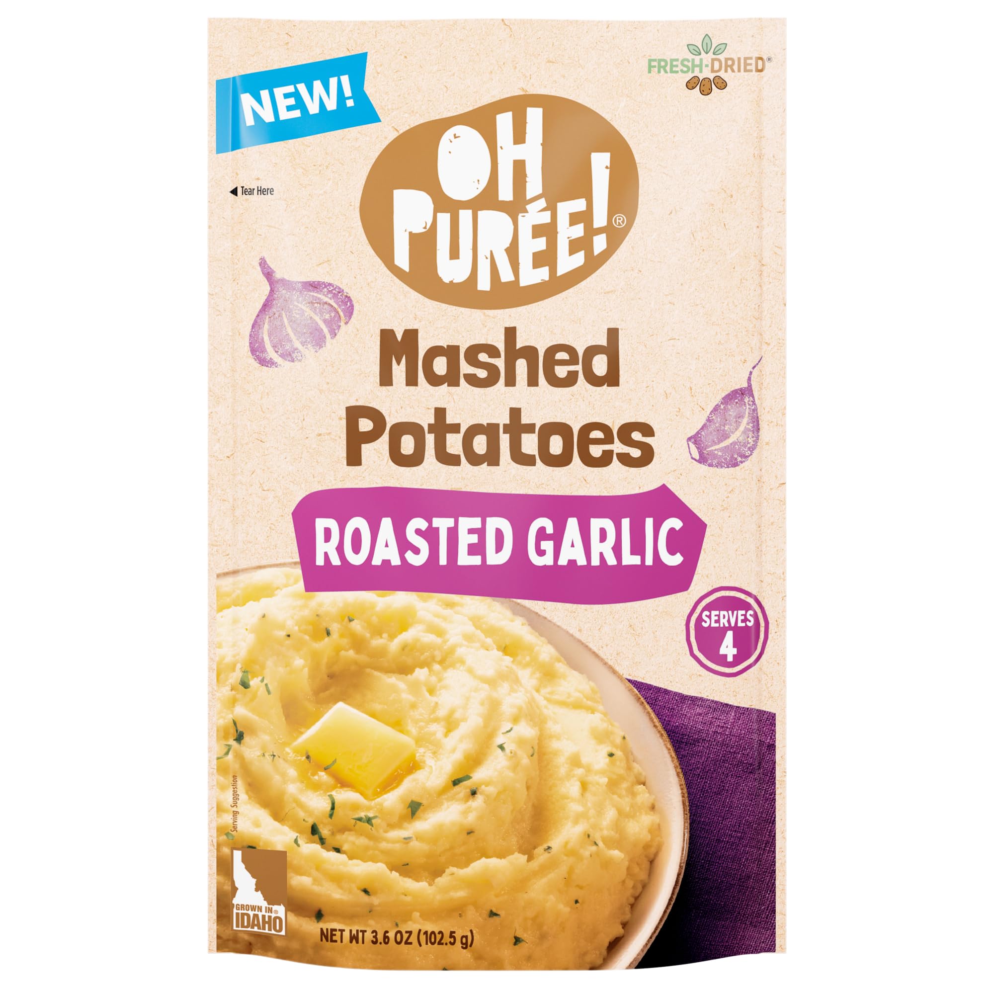 OH PURÉE! Roasted Garlic Mashed Potatoes, 3.6oz, Gluten Free; Dairy Kosher; Vegetarian; No Artificial Flavors; No Artificial Colors; Made with 100% REAL Idaho Potatoes