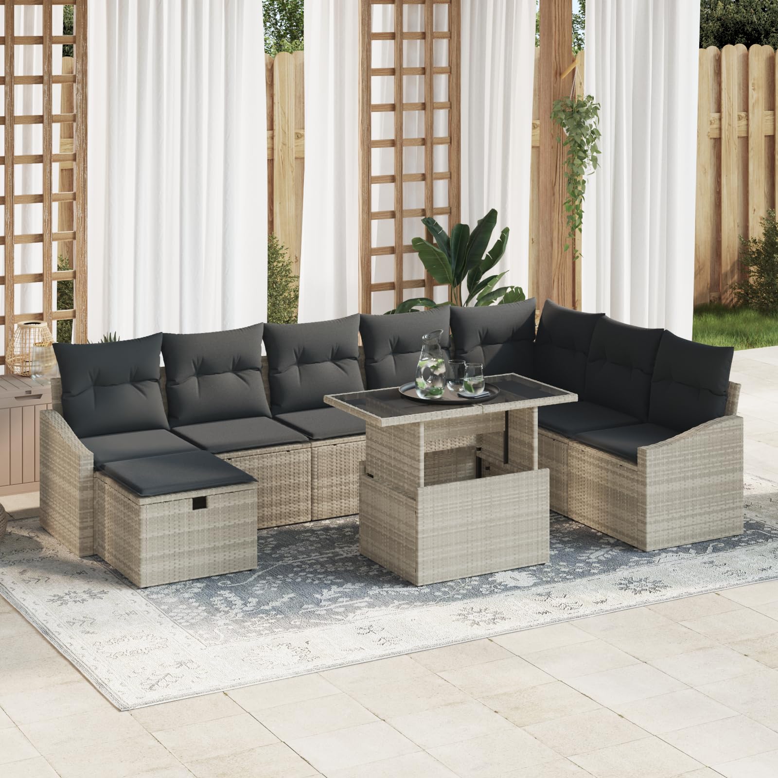 9-częściowy zestaw mebli ogrodowych z poduszkami w kolorze jasnoszarym polirattanowym, modułowa sofa outdoorowa z miejscem do przechowywania i odpornym na warunki atmosferyczne meble ogrodowe