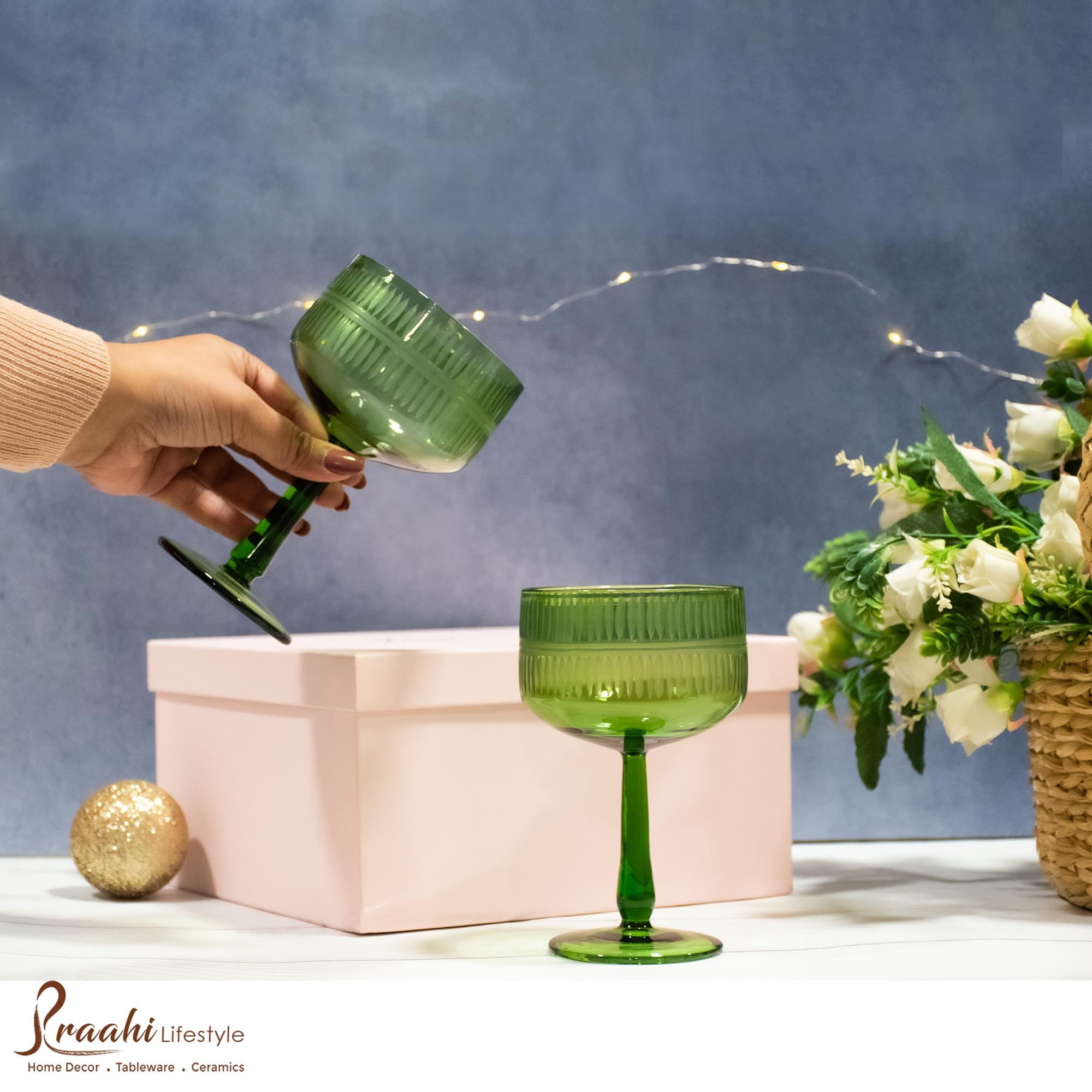 Praahi Lifestyle Premium Champagne Glass Coupe Glasses | Cocktail Glass Set - Gift Box Packaging, 270ml, Set of 2, Green Glasses | Wedding Gifts | Best Gift 3