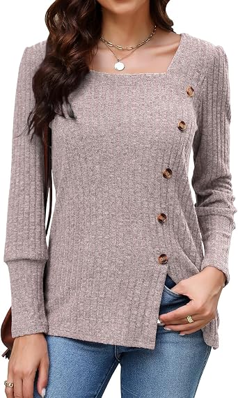 Viracy Womens Fall Sweater Long Sleeve Lightweight Square Neck Dressy Casual Tunic Tops with Buttons