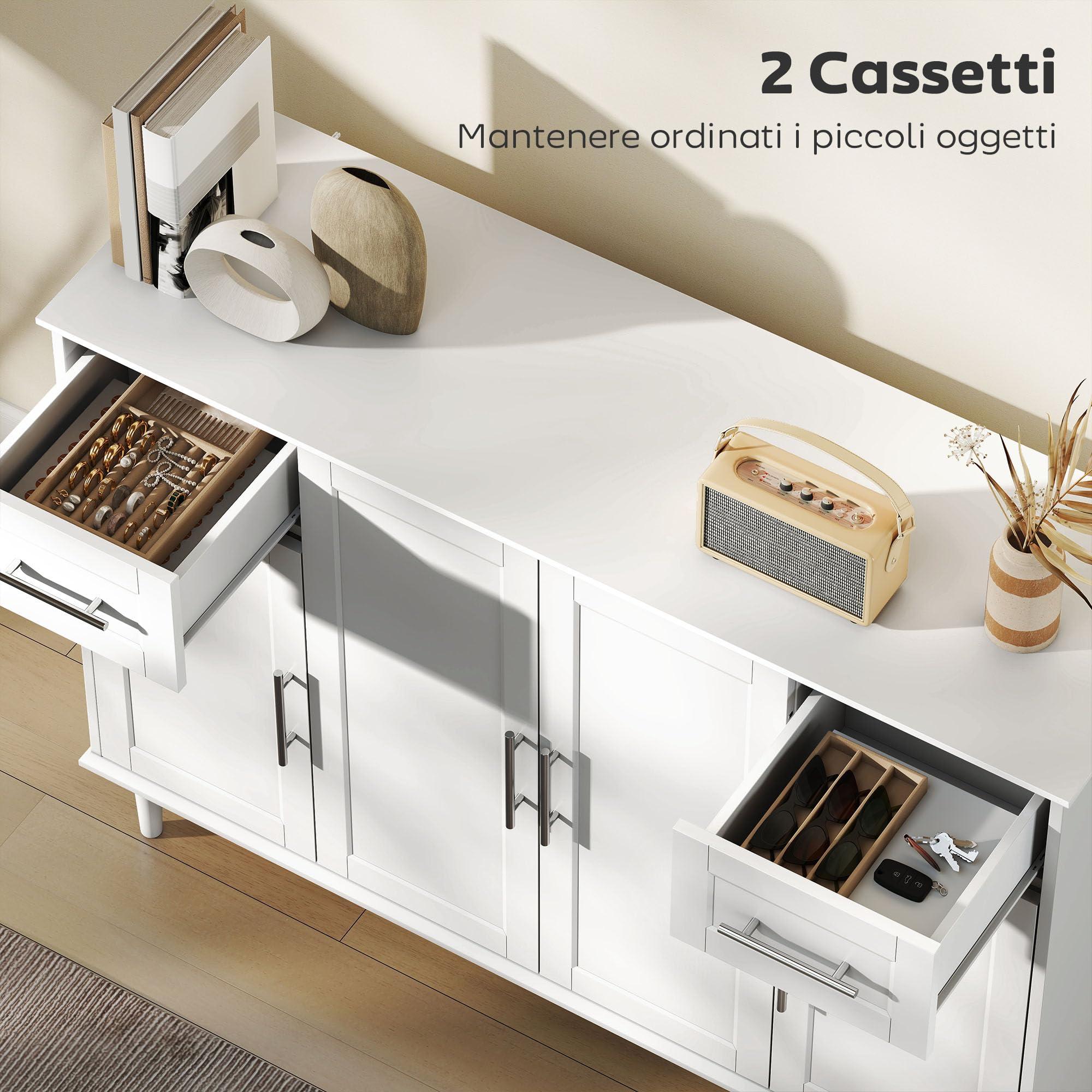 HOMCOM Mobile Soggiorno, 2 Cassetti 3 Armadietti, 120x38x86 cm, Bianco | Credenza Soggiorno, Mobile Cucina120 cm, Ripiani Regolabili, Madia, Gambe in Pino, Sala da Pranzo, Cucina