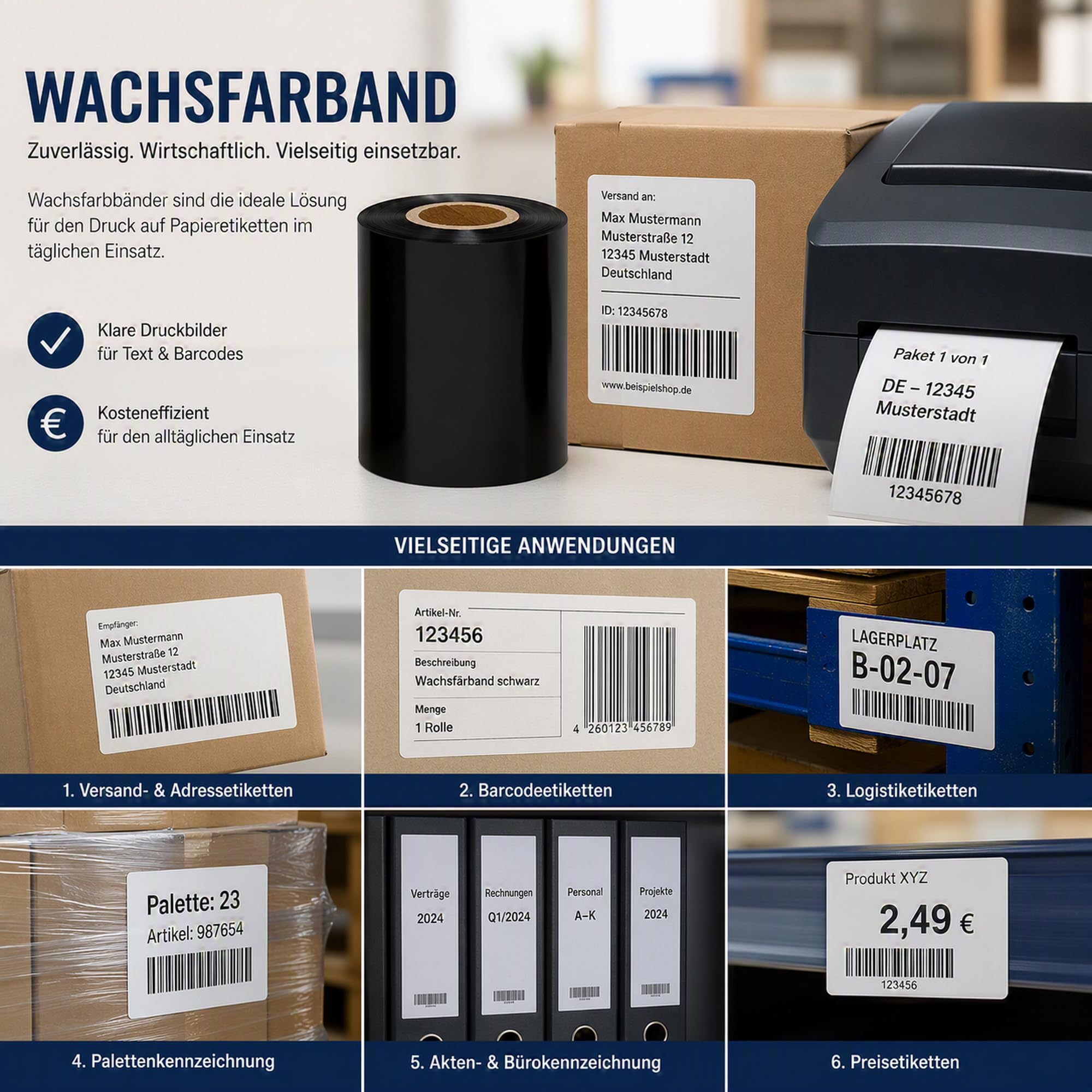 Labelident Thermotransfer Farbband Wachs schwarz 85mm x 74m - 25 Rollen, Außenwicklung, kompatibel Zebra TSC GoDEX, für unbeschichtete Papieretiketten
