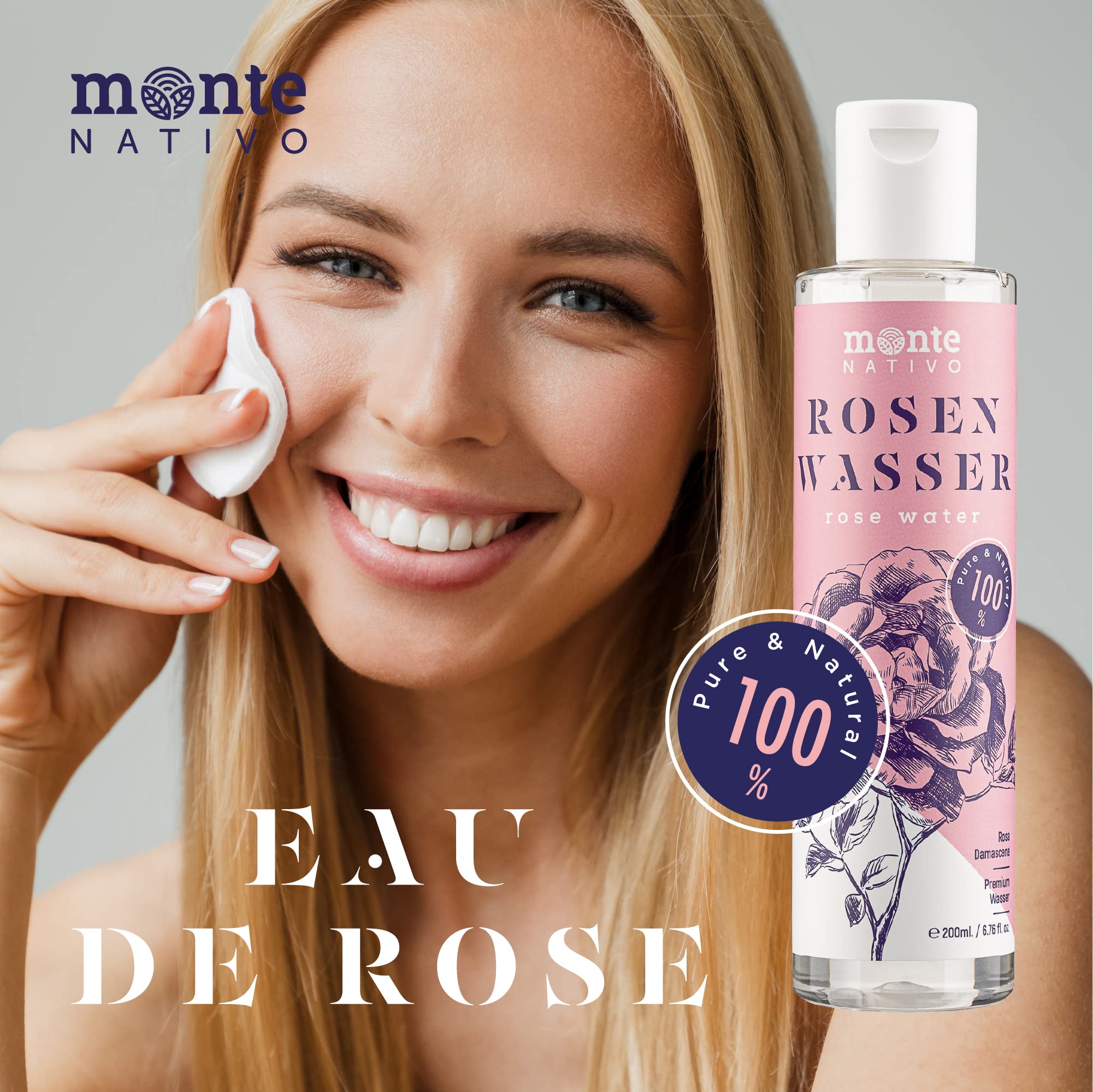 100% Pure Eau de Rose MonteNativo - 2x500ml - 100% Bio et Naturel, Lotion Tonifiante pour le visage, Hydrolat naturel de rose, Triple purification, eau florale de rose