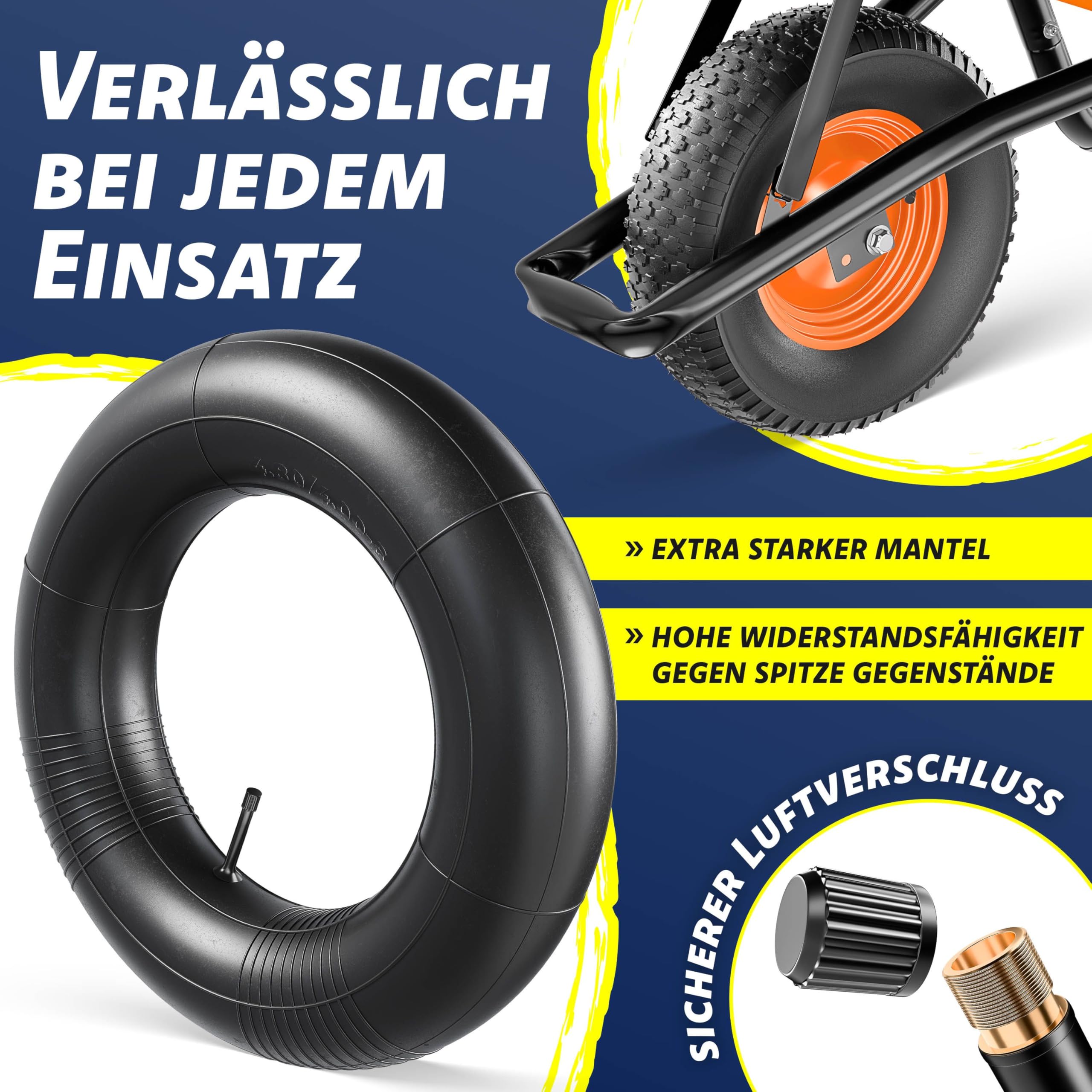 MASKO® Brouette | Capacité 100 litres | 250 kg | Pneus à air avec Jantes en Acier + Chambre à air de Rechange | Châssis en Acier galvanisé | Orange