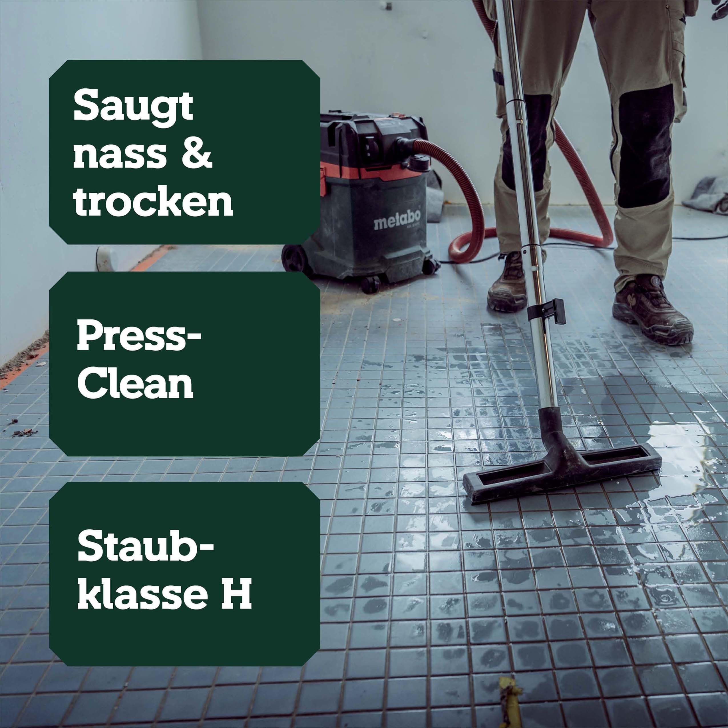 metabo ASA 30 H PC Allessauger, Nass-Trockensauger Staubklasse H, 1200 W | Industriesauger mit 30 l Behälter, PressClean Filterreinigung und Antistatik-Schlauch, ohne Akku, 8 m Kabel, inkl. Düsen