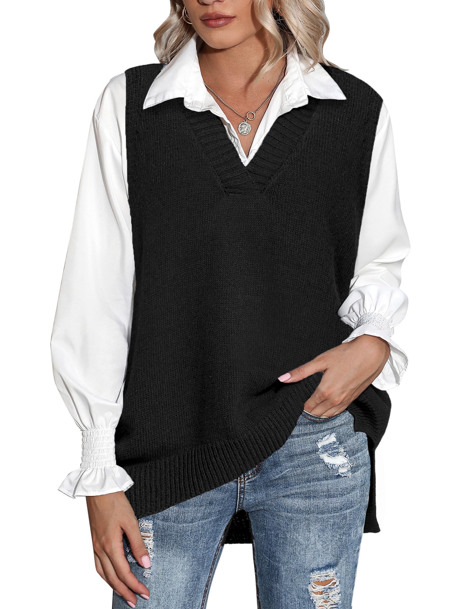 Zeagoo Sweater Vest Women Sleeveless V Neck Oversized Pullover Knitted Tops 2026 Fall Outfits
