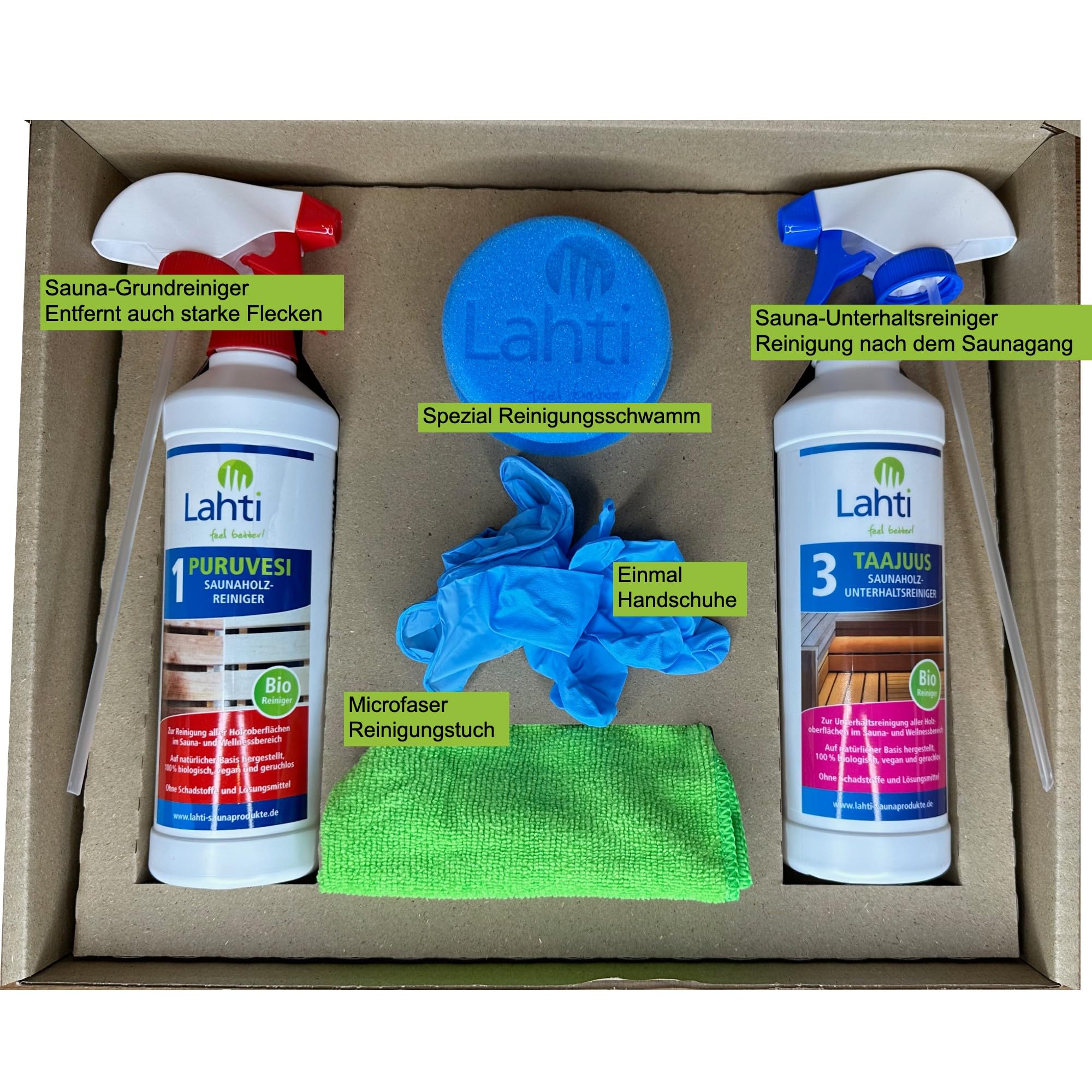 Lahti Sauna Clean Set – Solución completa para limpieza de sauna, madera y azulejos | Biodegradable