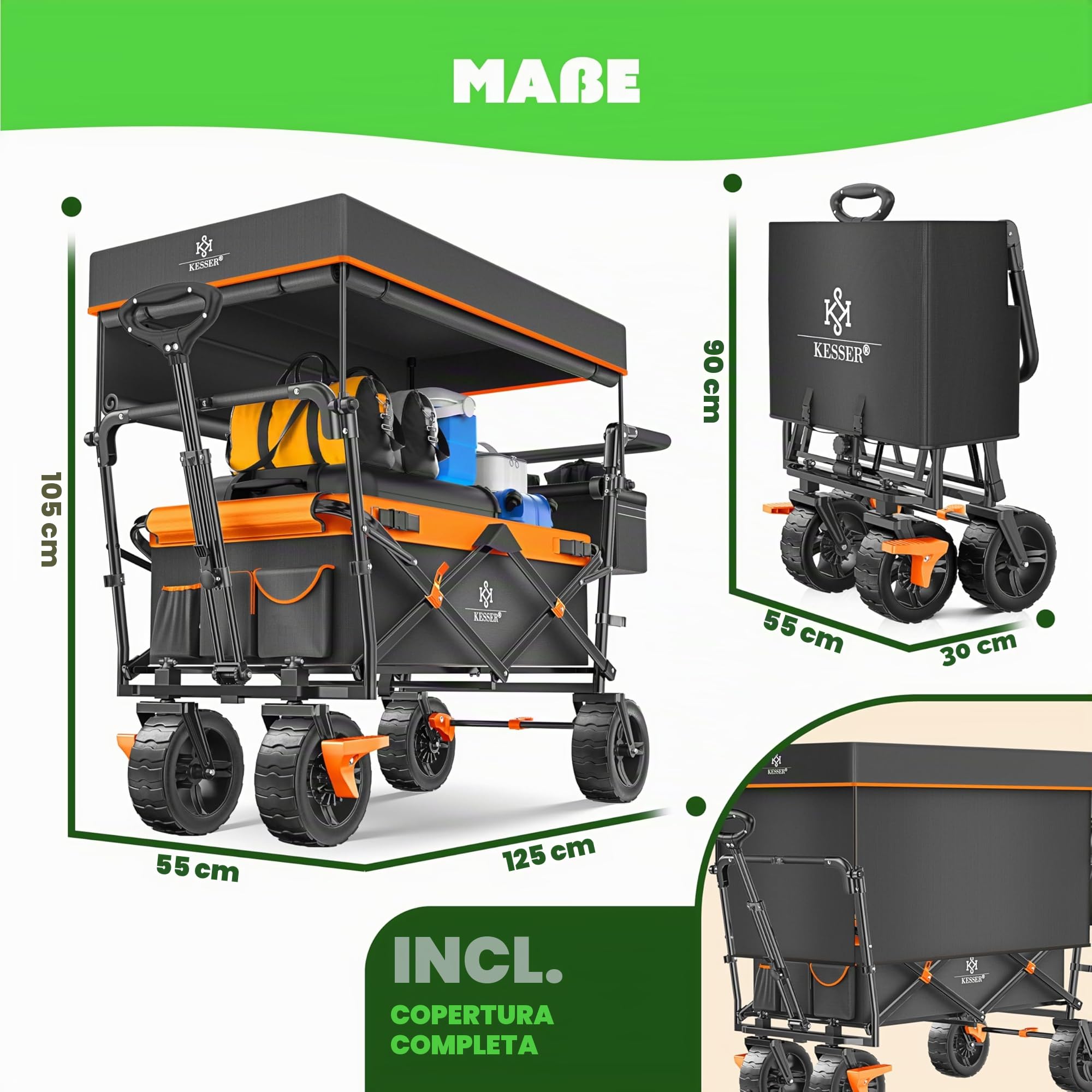 KESSER® Carrello pieghevole GT9000 con tetto | Carrello di trasporto max. portata 150 kg con ruote in gomma dura e freni anteriore/posteriore | Include serratura, copertura