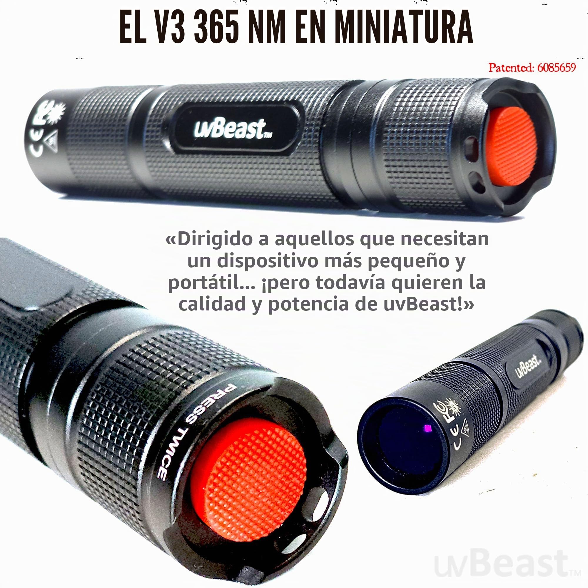 uvBeast Nueva V3 365nm MINI - Linterna UV de luz negra - Ultravioleta pura de alta definición - Grado profesional de alta potencia mejorada 5 núcleos UV LED - Stock de EE. UU